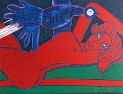 Retro Nu Rouge Á L'Oiseau, Signed Lithograph Red Female Nude, Exotic Blue Bird, Erotic