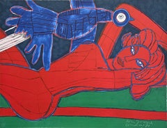 Nu Rouge Á L'Oiseau, Litografía Firmada Desnudo Femenino Rojo, Pájaro Azul Exótico, Erótico