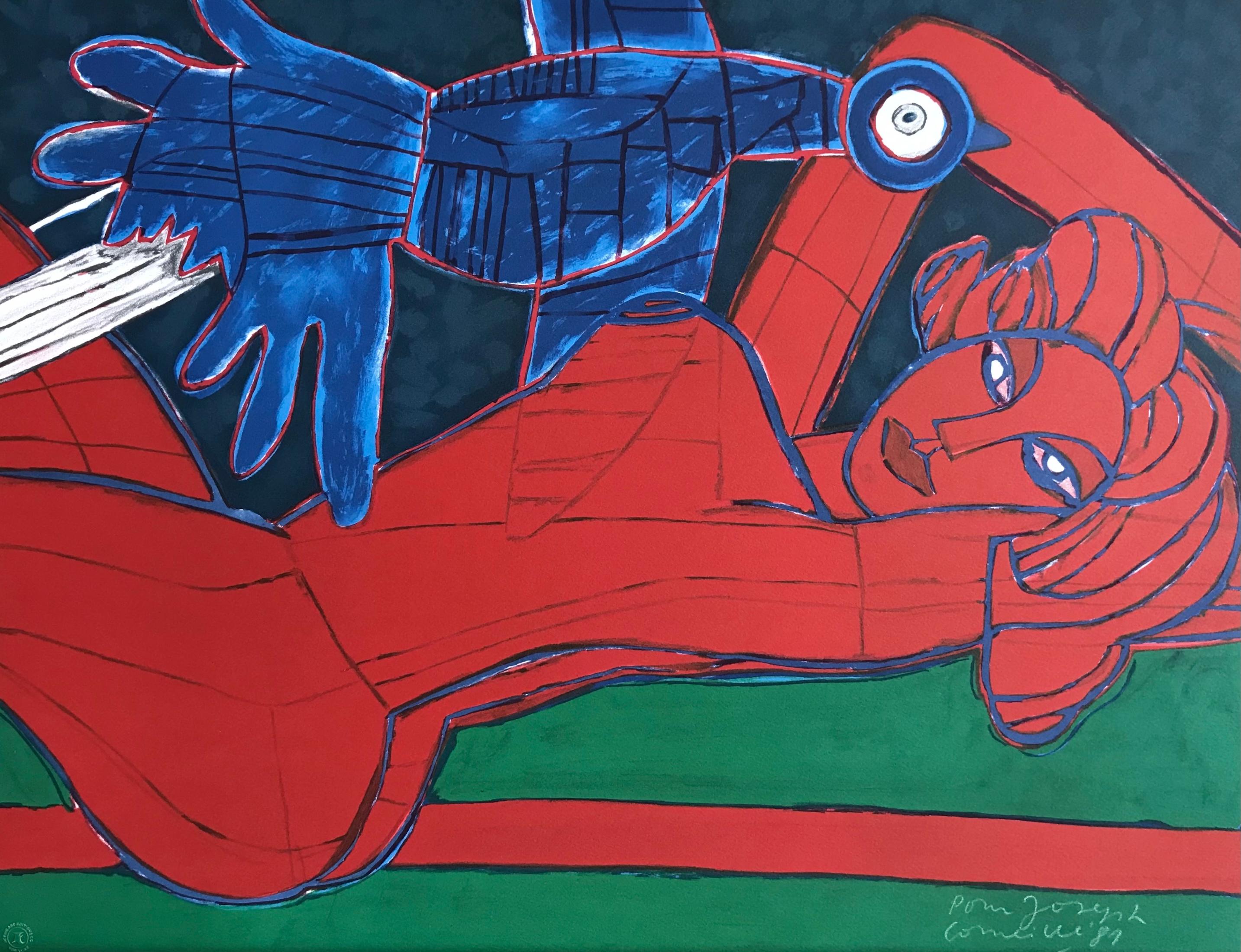 Nu Rouge Á L
Oiseau, Signed Lithograph Red Female Nude, Exotic Blue Bird, Erotic