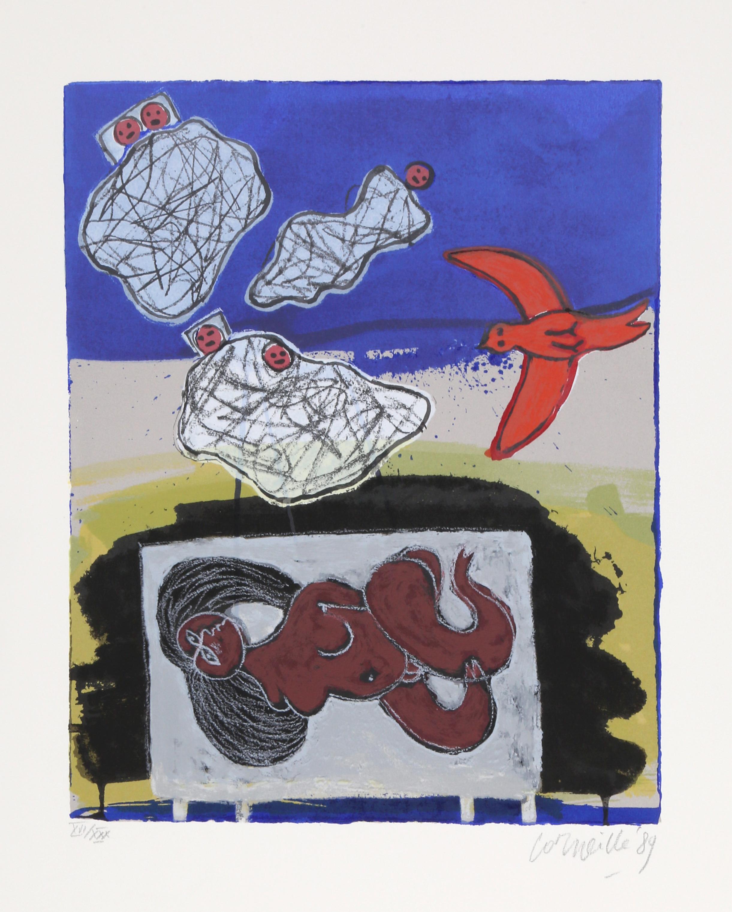 Artist: Corneille, Belgian (1922 - 2010)
Title: Eluard from the Portfolio of Six Reves Peints
Year: 1989
Medium: Lithograph, signed and numbered in pencil 
Edition: XVI/XXX
Image Size: 17 x 14 inches
Size: 30 x 22 inches (76 x 56 cm)