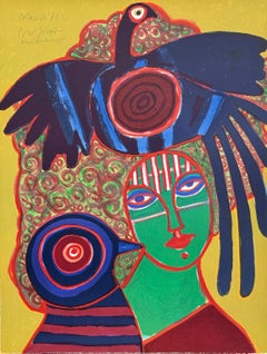 Lithographie signée PORTRAIT IMAGINAIRE, portrait fantastique de femme au visage d
oiseaux exotiques