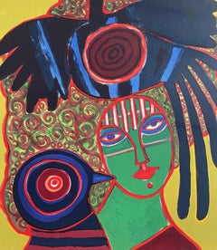 PORTRAIT IMAGINAIRE Signed Lithograph, Fantasy Portrait Woman Face Exotic Birds