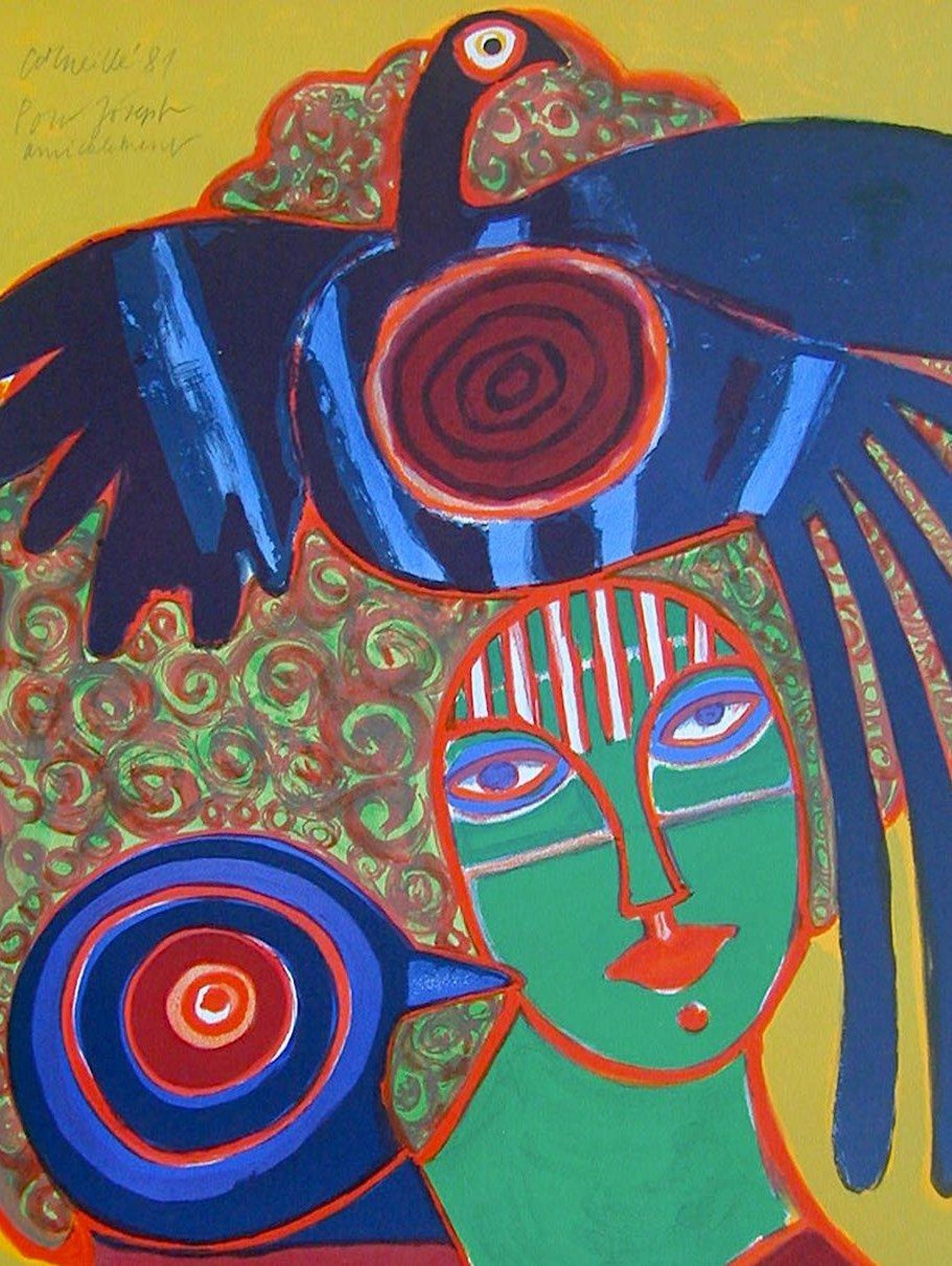 Portrait Imaginaire Signed Original Lithograph Fantasy Portrait Exotic Birds