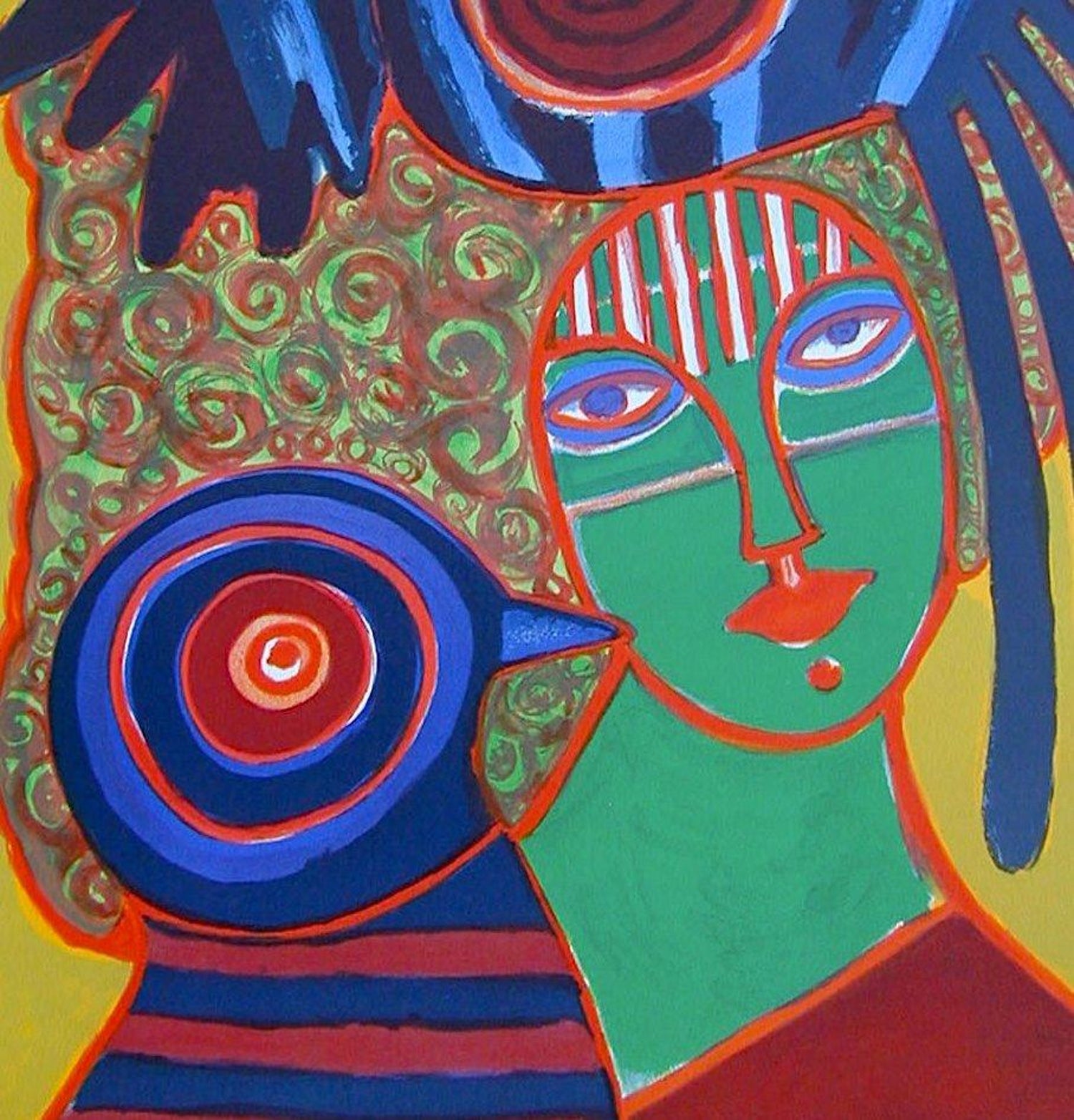 Portrait Imaginaire Signed Original Lithograph Fantasy Portrait Exotic Birds