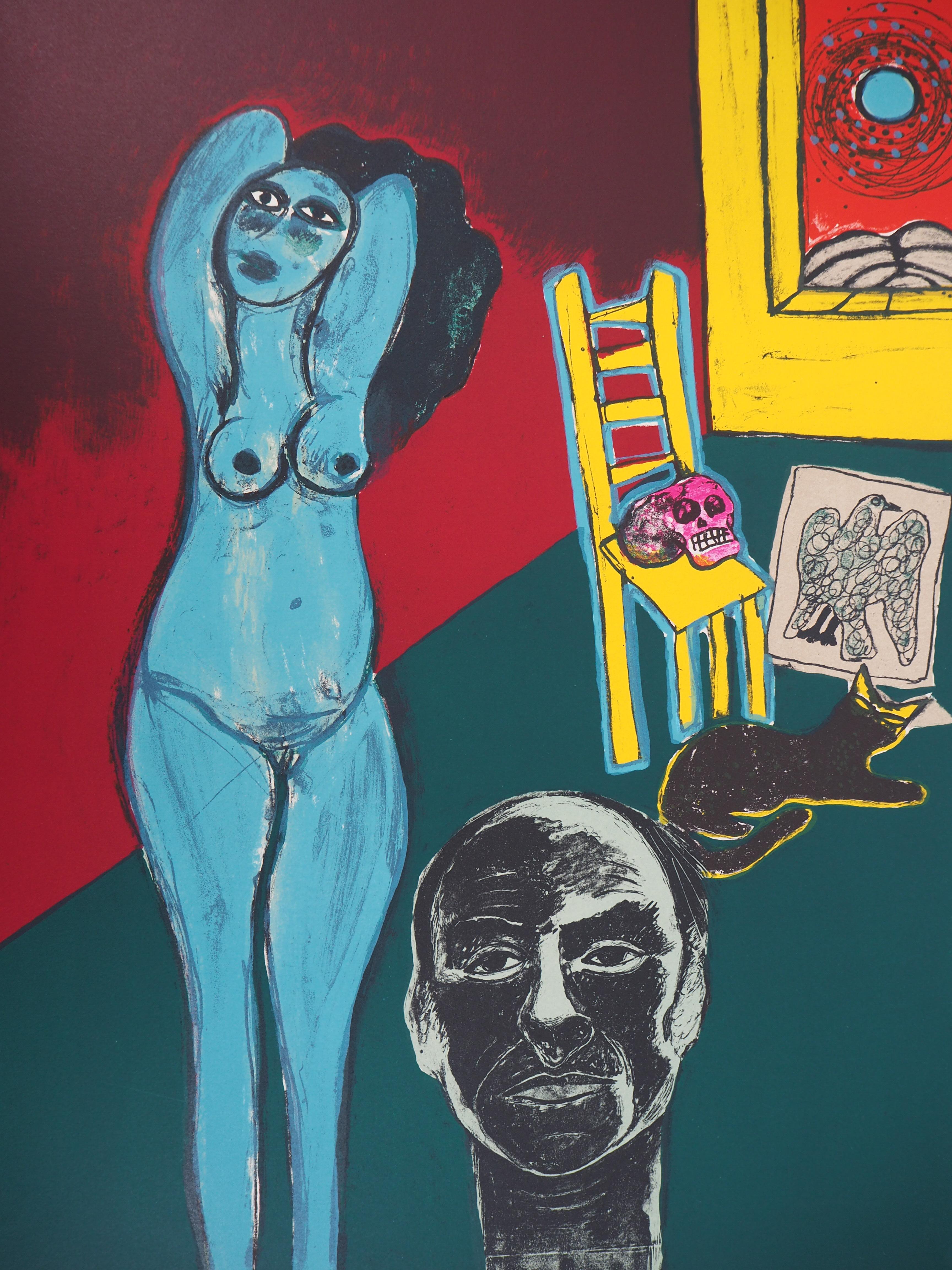 Selfportrait with Blue Nude and Mexican Skull - Original handsigned lithograph - Print by Corneille