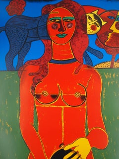 Sensuality, Woman, Cat and Smiling Sun, Original signed lithograph