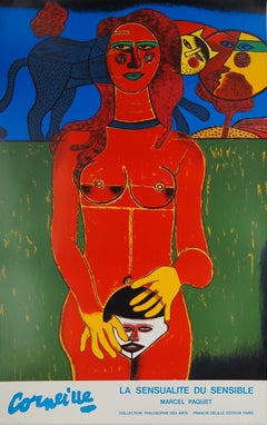 Sensuality, Woman, Cat and Smiling Sun, Original signed lithograph