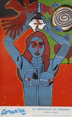 Sensualidad, Mujer, máscara y pájaro, litografía original firmada