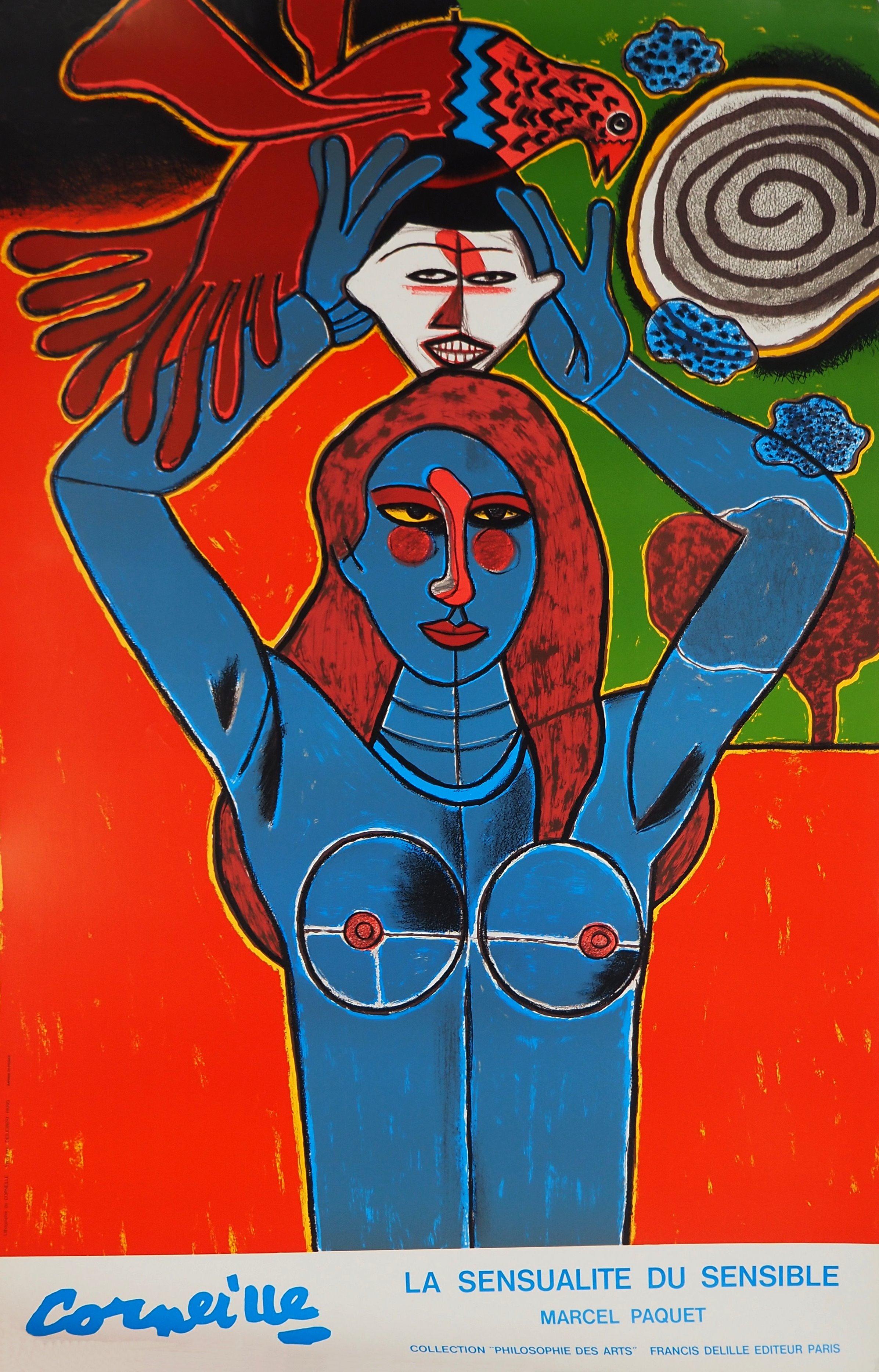 Corneille Figurative Print - Sensuality, Woman, mask and bird, Original signed lithograph