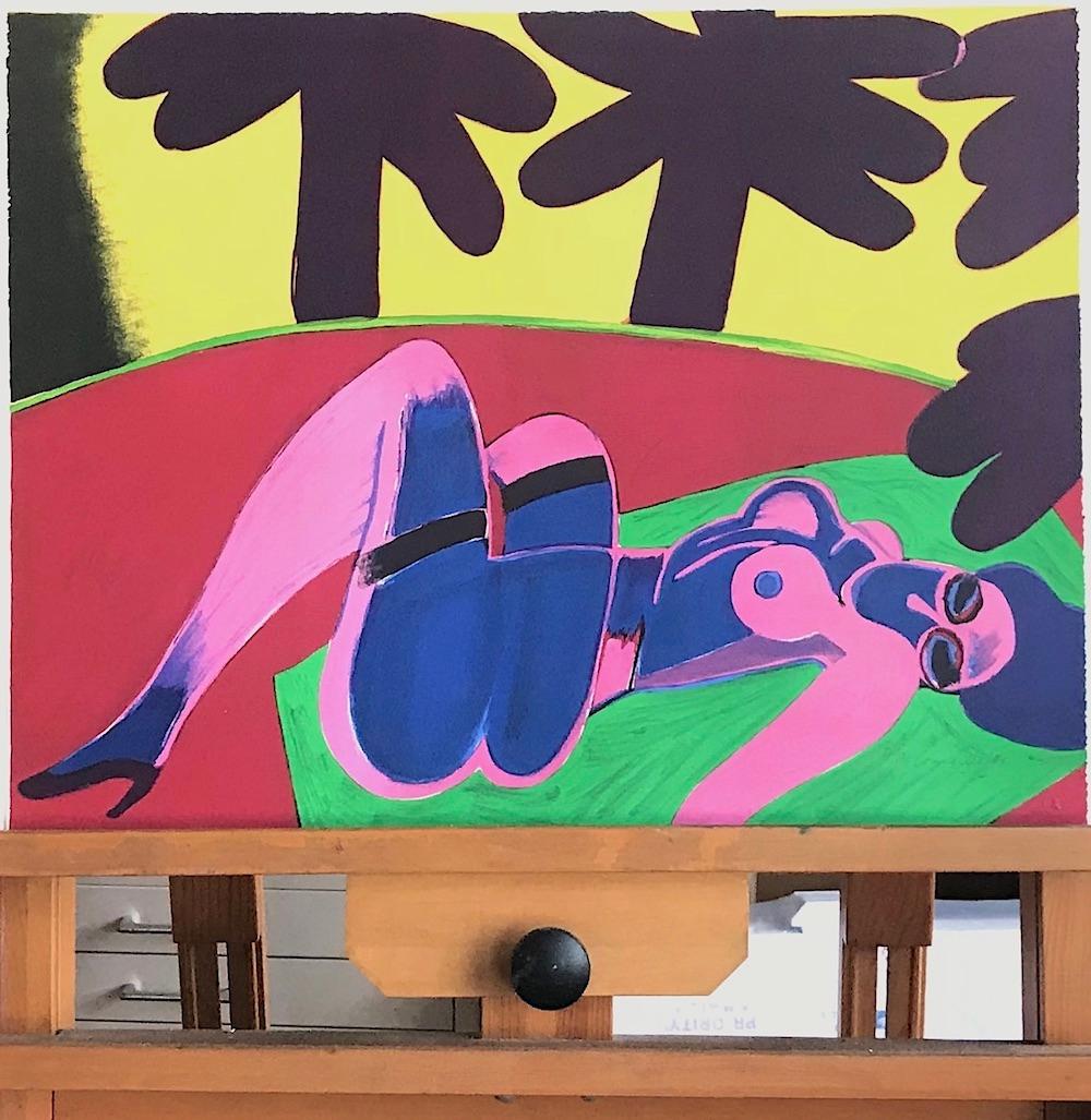 SOUS LES PALMIERS Litografía firmada, Desnudo femenino, Paisaje exótico, Palmeras en venta 3