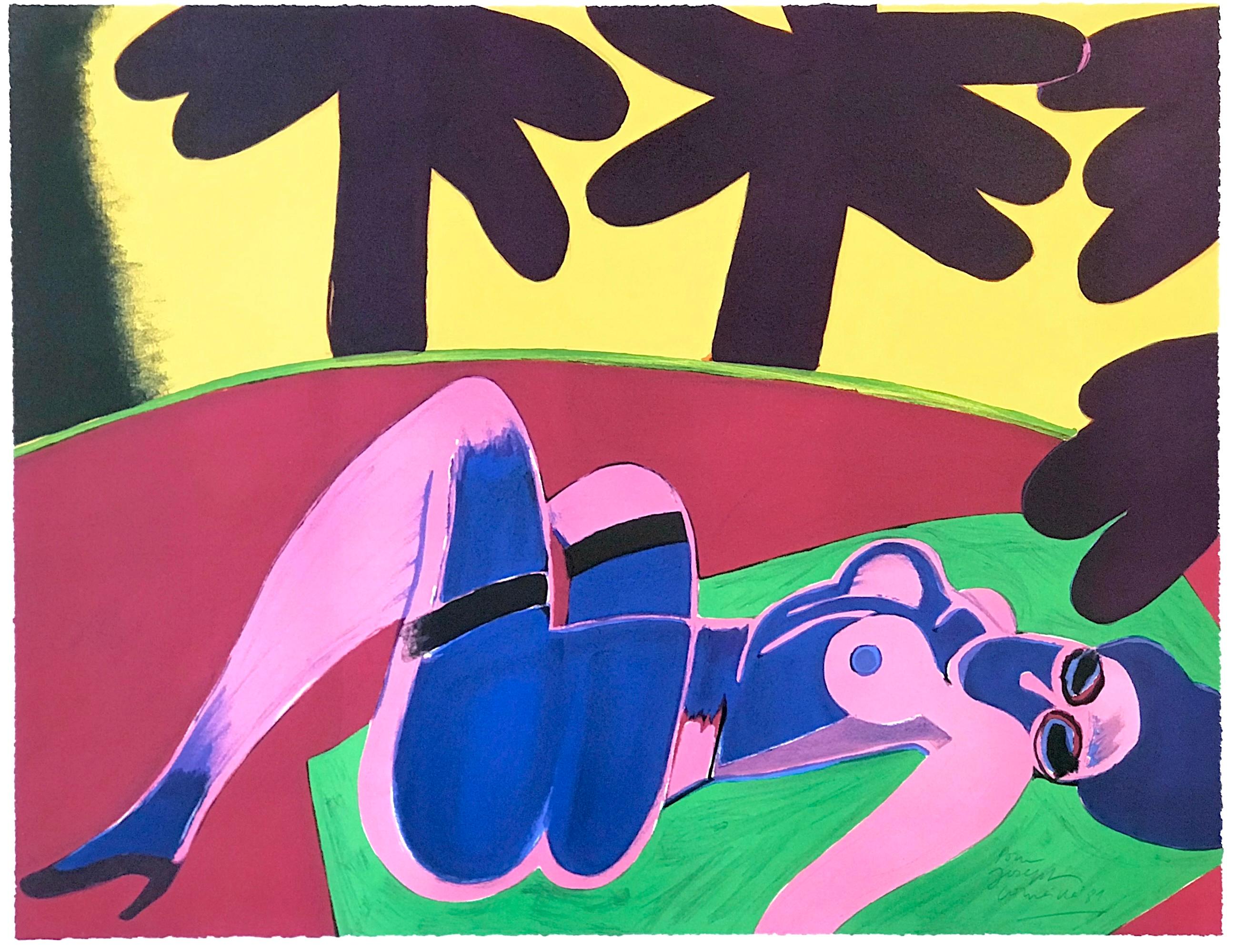 SOUS LES PALMIERS is an original hand drawn limited edition lithograph printed in vivid colors on archival Somerset paper 100% acid free by the Dutch artist known as CORNEILLE(Guillaume van Beverloo), an abstract expressionist who co-founded the