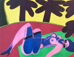 SOUS LES PALMIERS Signed Lithograph, Female Nude, Exotic Landscape, Palm Trees
