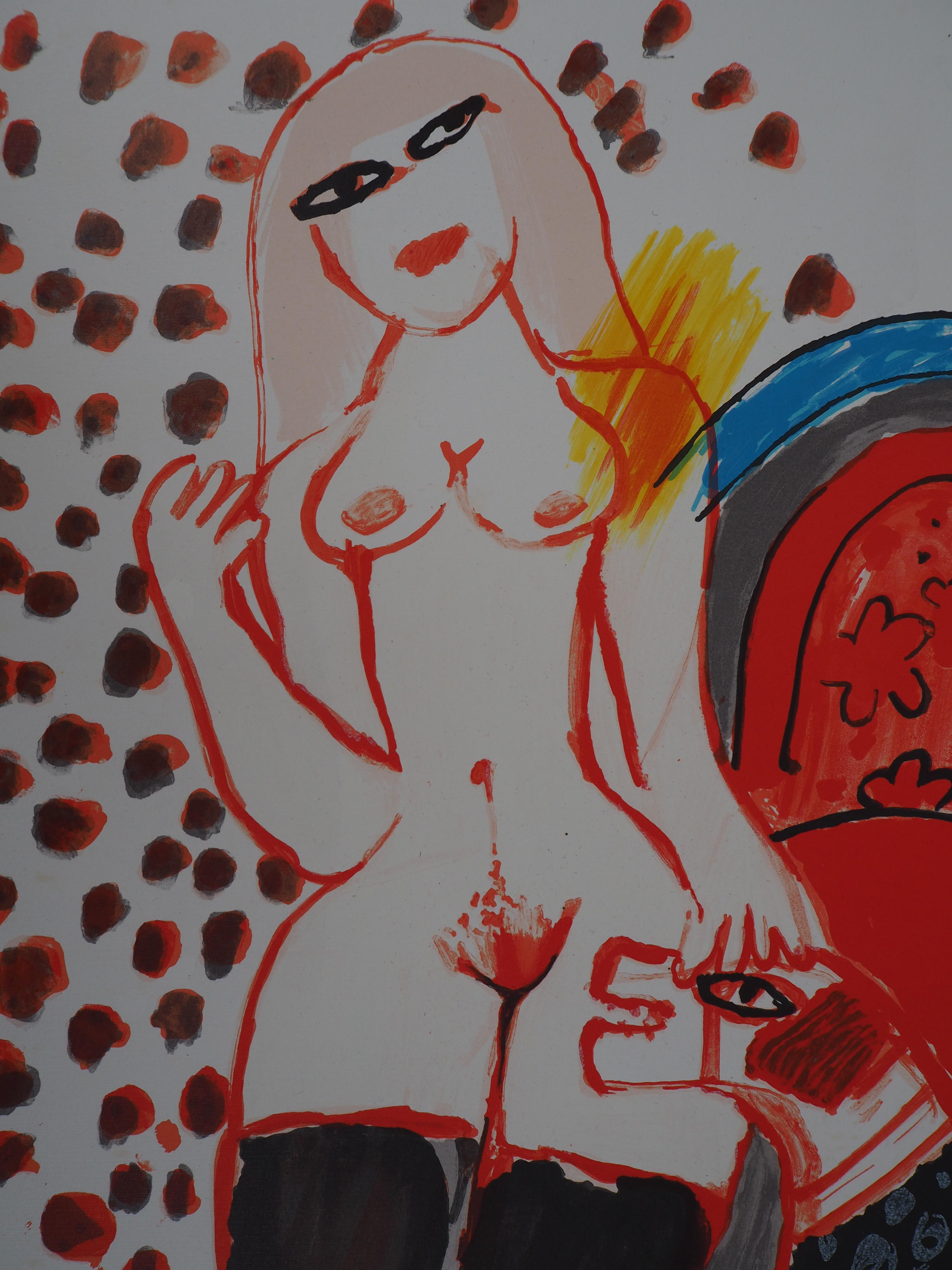 Tribute to Wesselmann: Frau und Hund – Original handsignierte Lithographie (Grau), Figurative Print, von Corneille