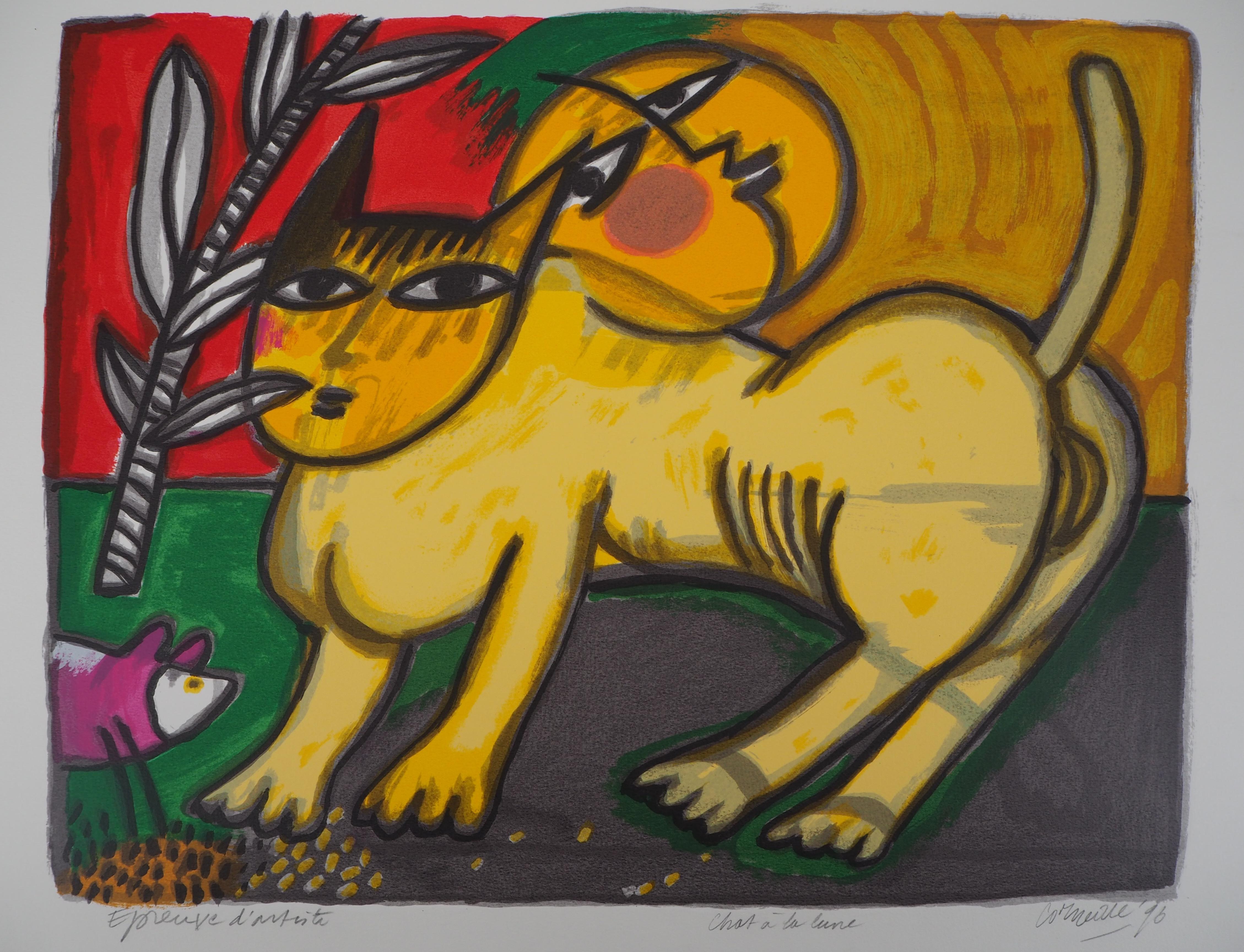 Gato amarillo con sol y luna sonrientes - Litografía original firmada a mano - Print de Corneille