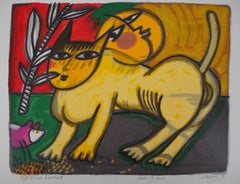 Yellow Cat with Smilling Sun and Moon - Original Handsigned Lithograph