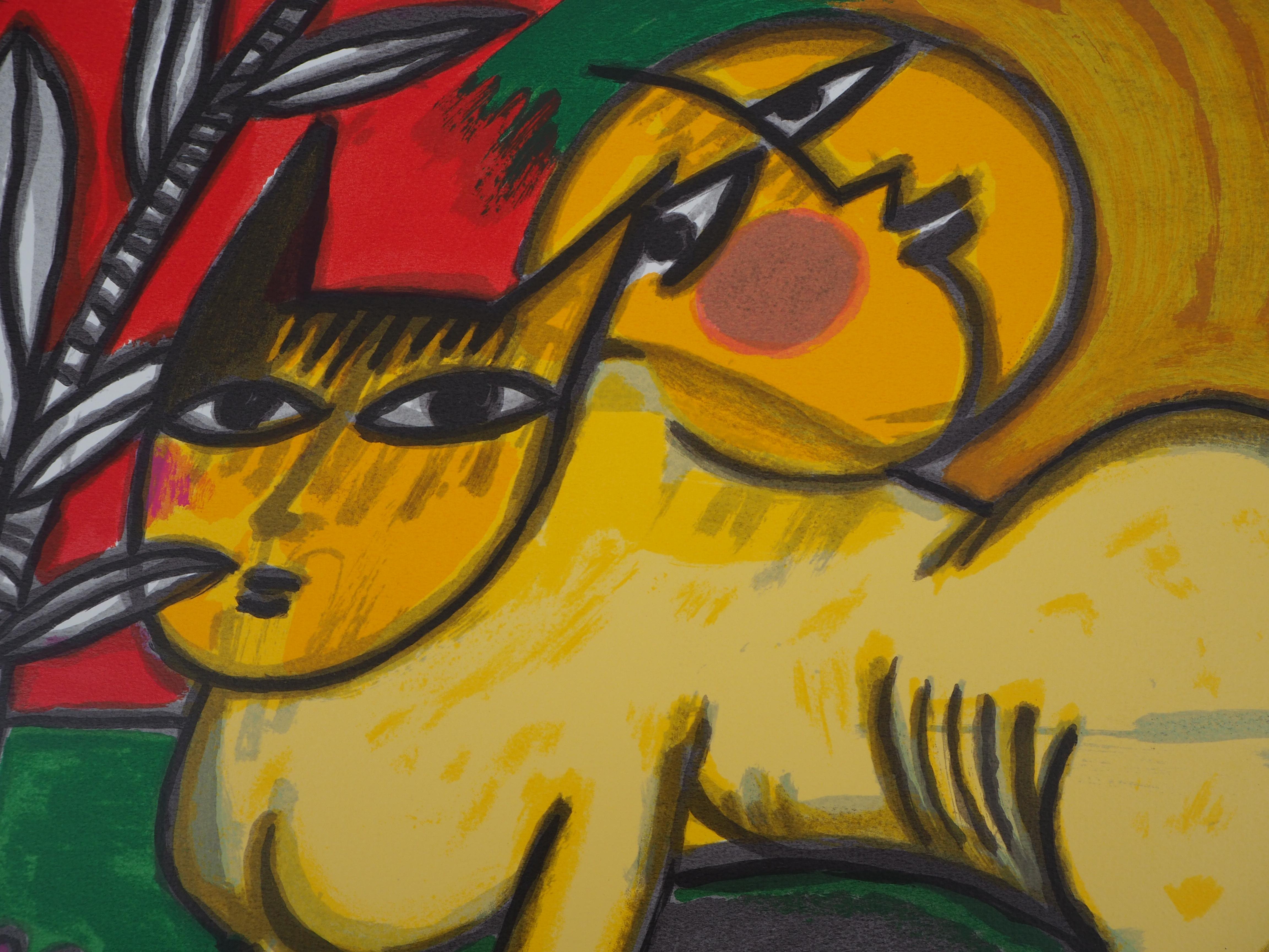 Gato amarillo con sol y luna sonrientes - Litografía original firmada a mano - Print Surrealista de Corneille