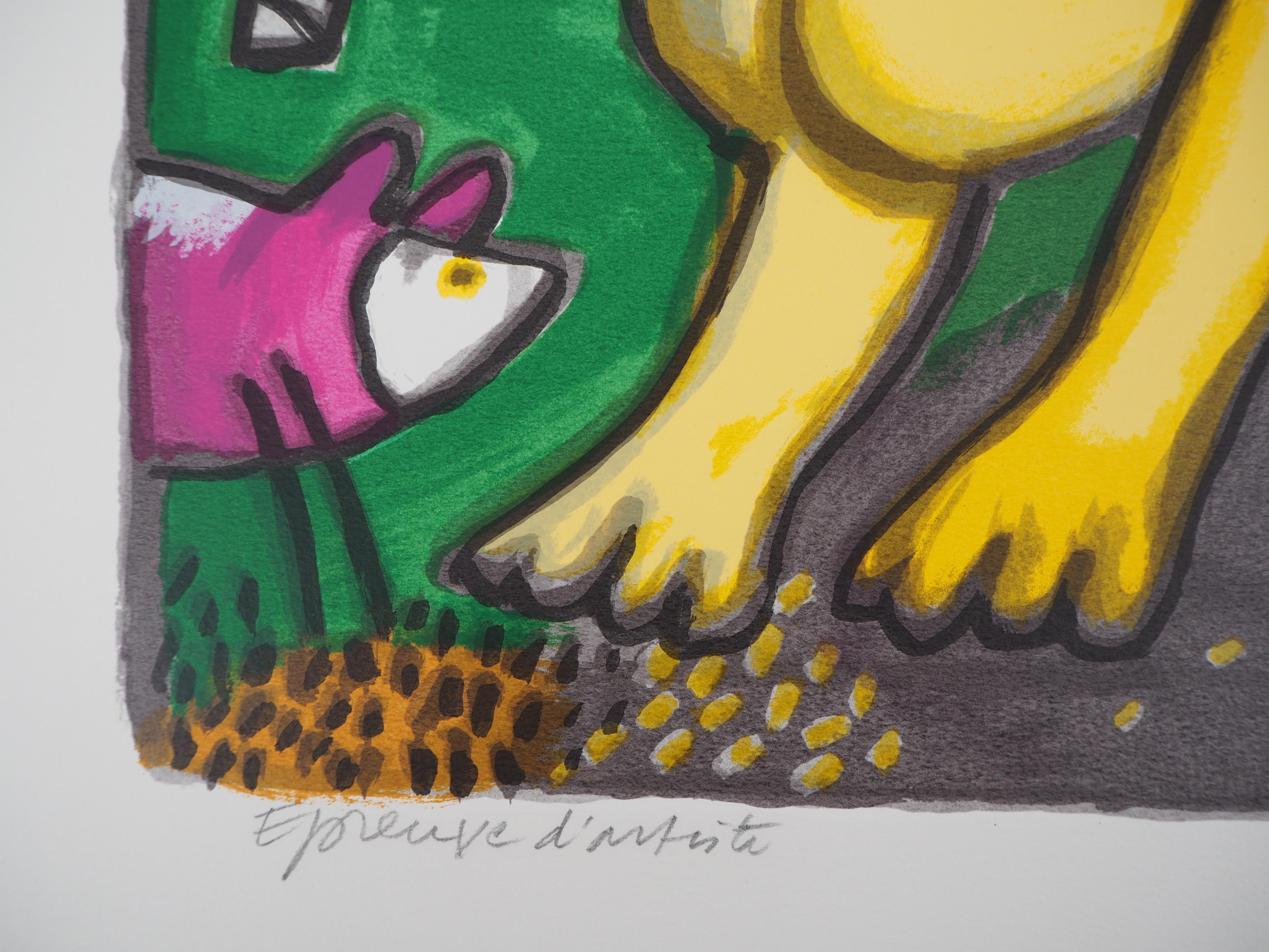 Gato amarillo con sol y luna sonrientes - Litografía original firmada a mano - Animal Print Amarillo de Corneille