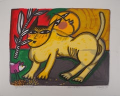 Gato amarillo con sol y luna sonrientes - Litografía original firmada a mano
