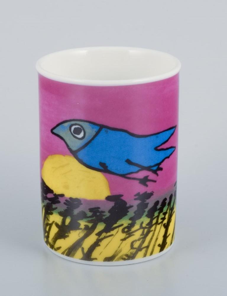 Modern Corneille. Set of coffee cup, plate and egg cup decorated with birds. For Sale