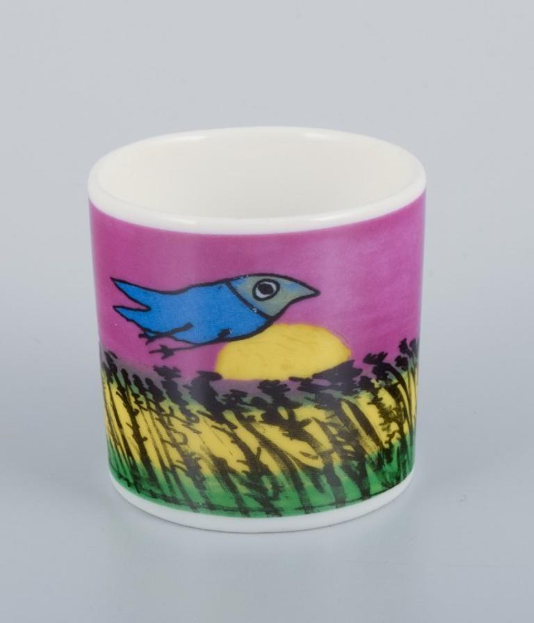 Dutch Corneille. Set of coffee cup, plate and egg cup decorated with birds. For Sale