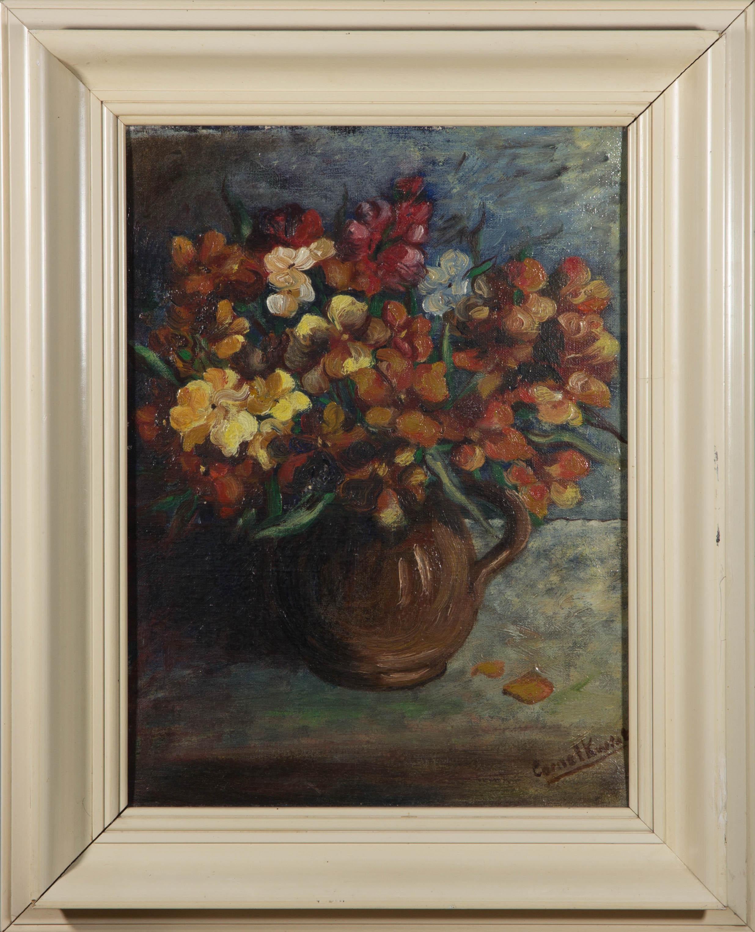 Fluid impasto brush marks and an autumnal palette are combined to describe a vase of flowers in a dimly lit interior.

Signed in the bottom right-hand corner and inscribed on the reverse.

Well presented in a molded white wood frame.

On canvas on