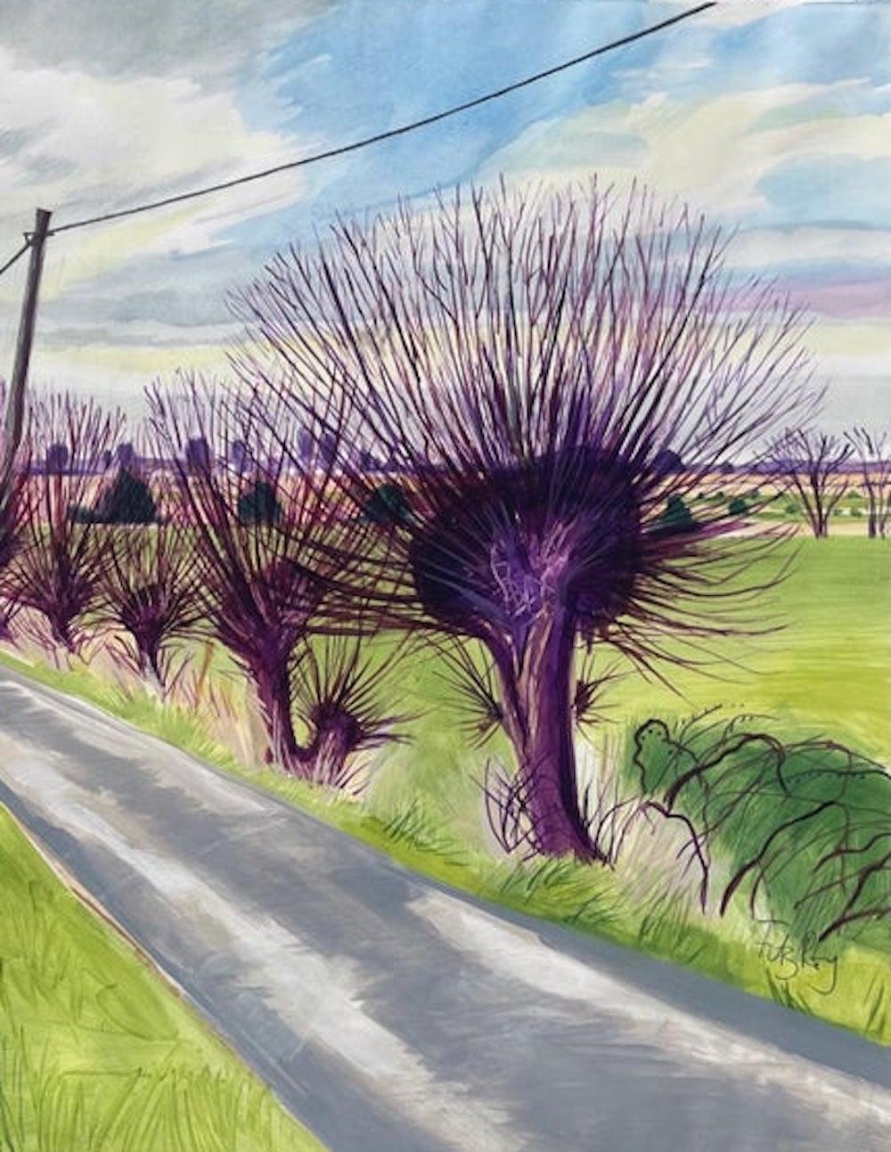 Road to Reedham, Original Hockney Style Landscape Painting, Purple Tree Art For Sale 1