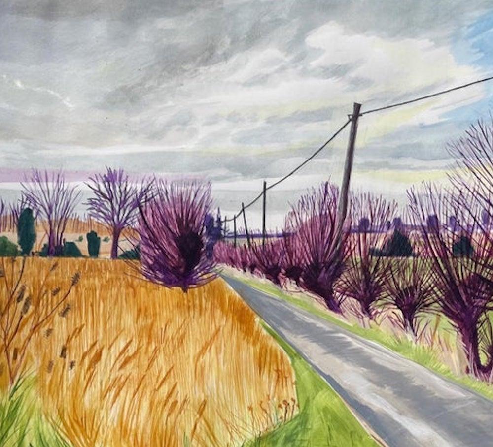 Road to Reedham, Original Hockney Style Landscape Painting, Purple Tree Art For Sale 2