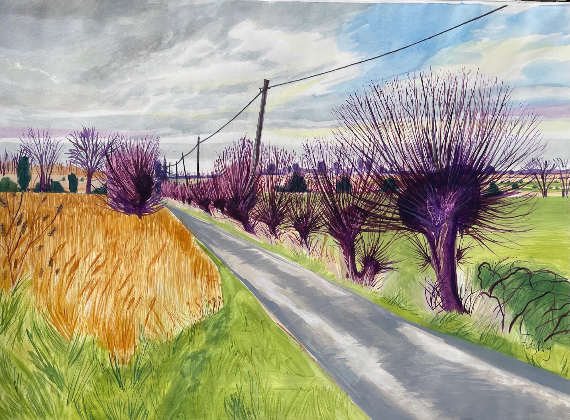 Strada per Reedham, dipinto di paesaggio originale in stile Hockney, arte dell'albero viola
