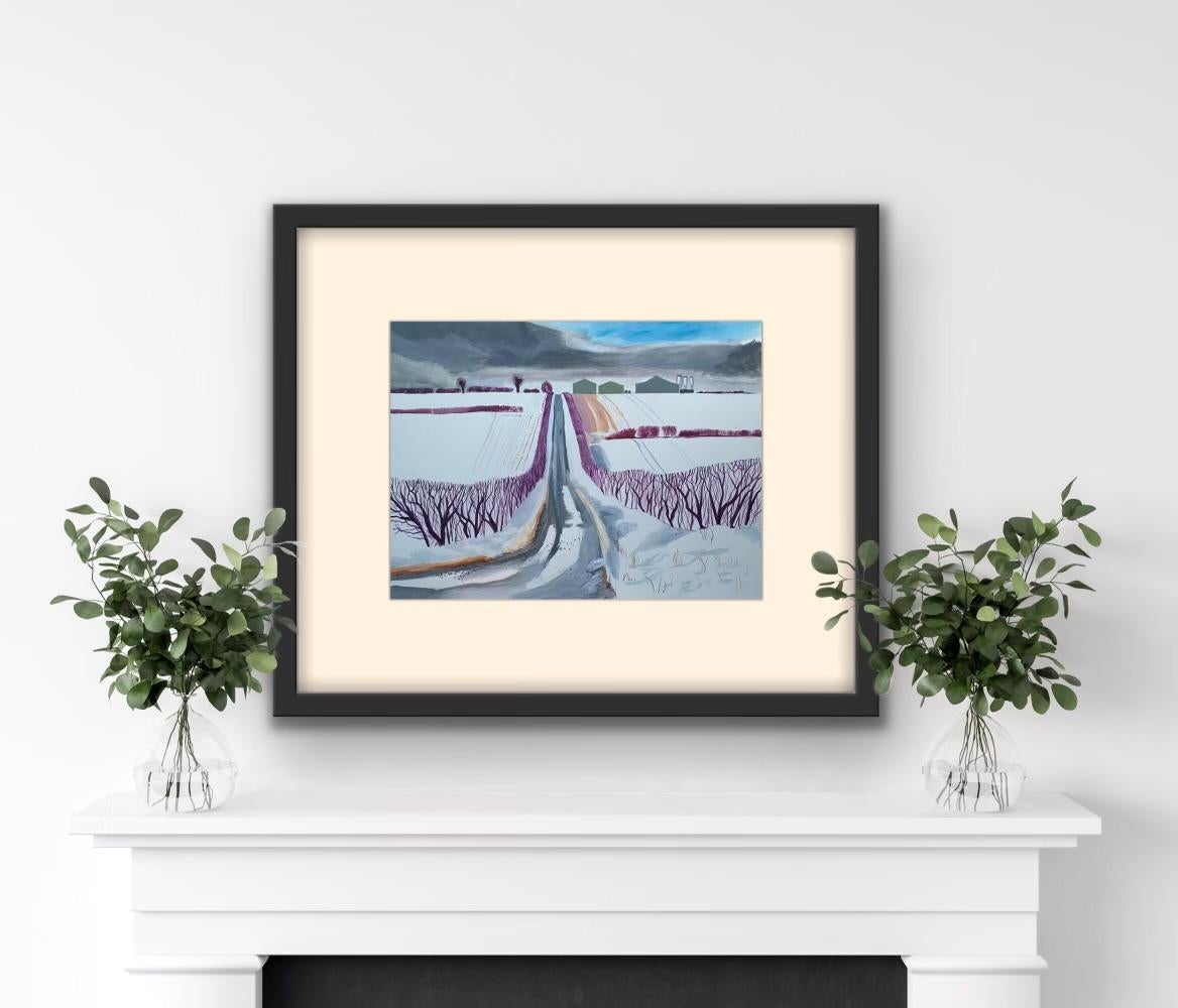 Snow Fields and Barn, Landscape drawing, Pastel drawing, original art - Painting by Cornelia Fitzroy 