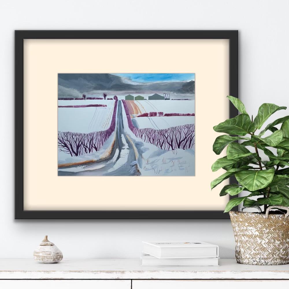 Snow Fields and Barn, Landscape drawing, Pastel drawing, original art - Impressionist Painting by Cornelia Fitzroy 