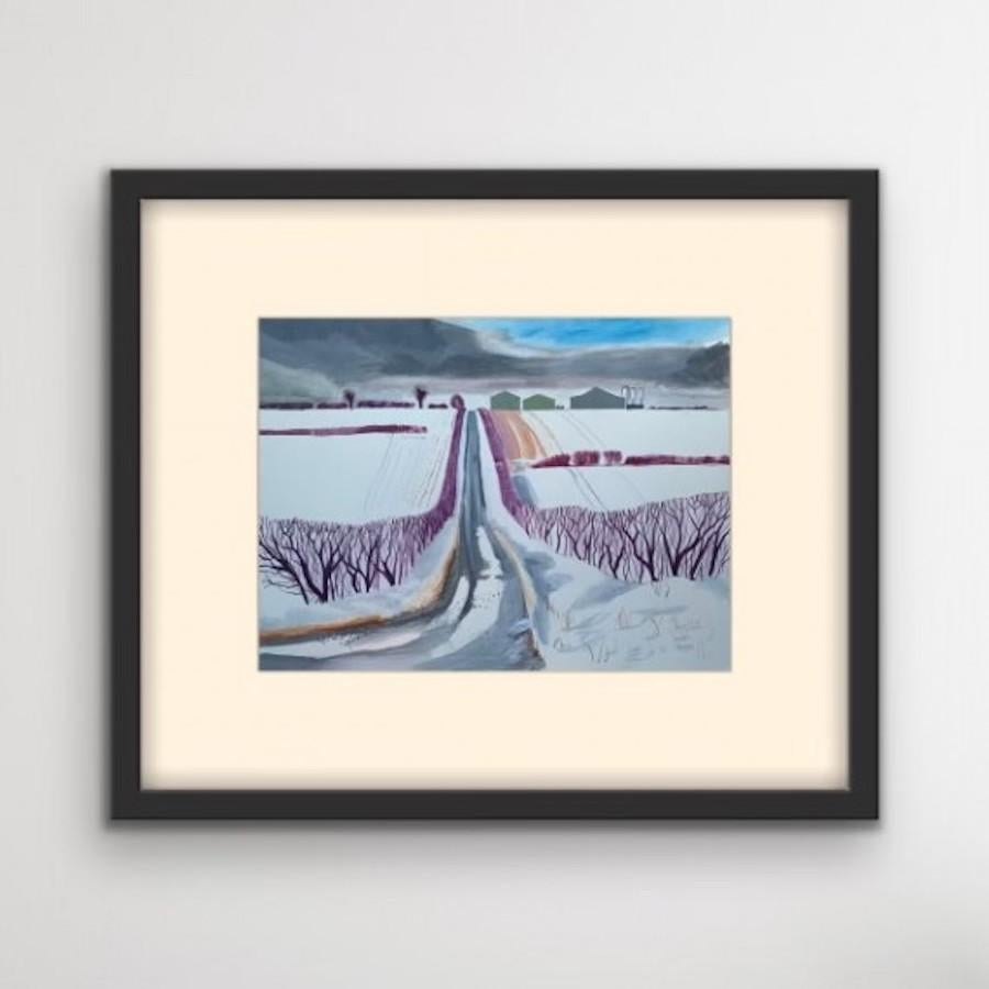 Snow Fields and Barn, Landscape drawing, Pastel drawing, original art - Gray Landscape Painting by Cornelia Fitzroy 