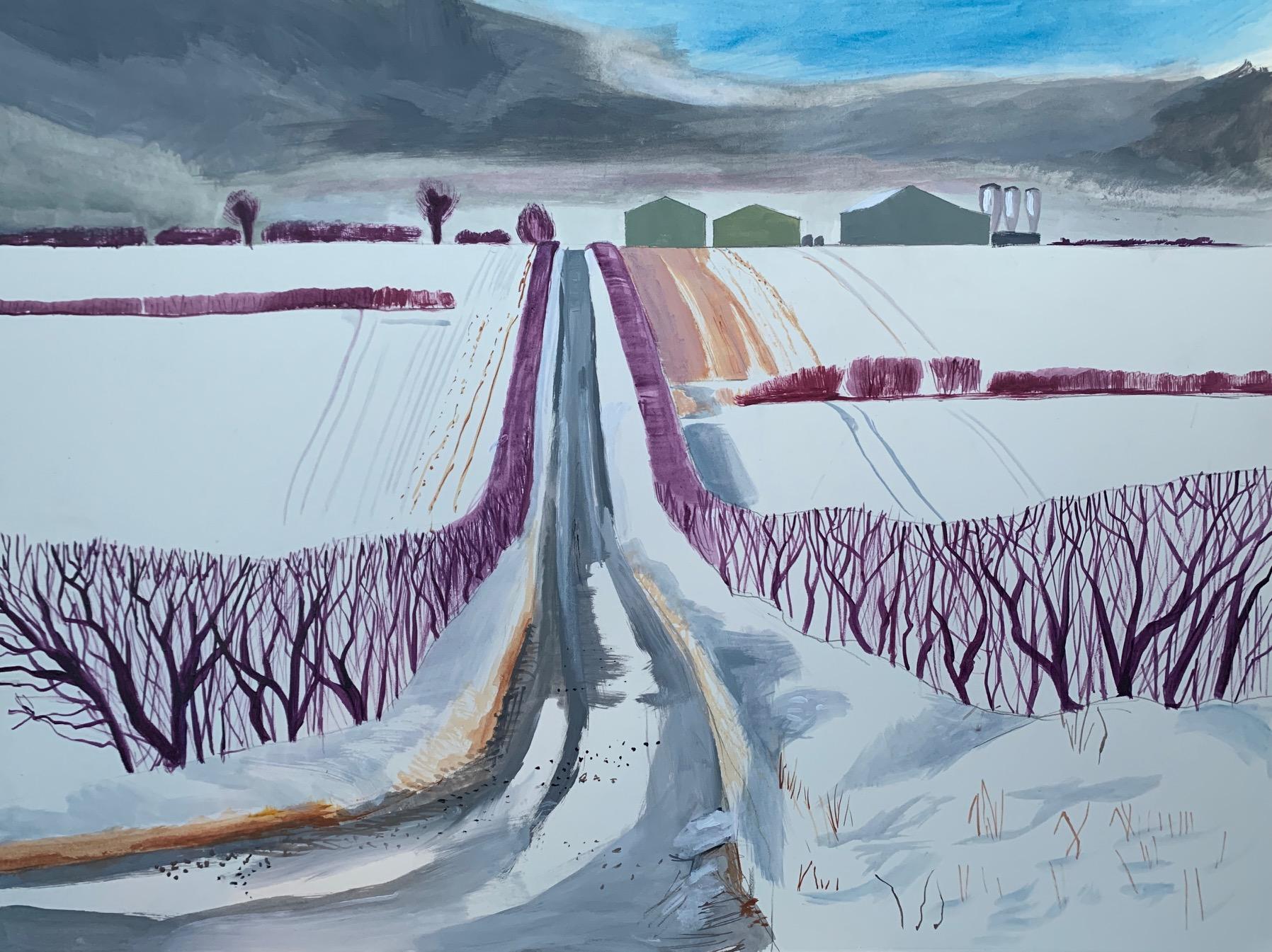 Cornelia Fitzroy  Landscape Painting - Snow Fields and Barn, Landscape drawing, Pastel drawing, original art