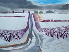 Les champs de neige et la grange, dessin de paysage, dessin au pastel, art original
