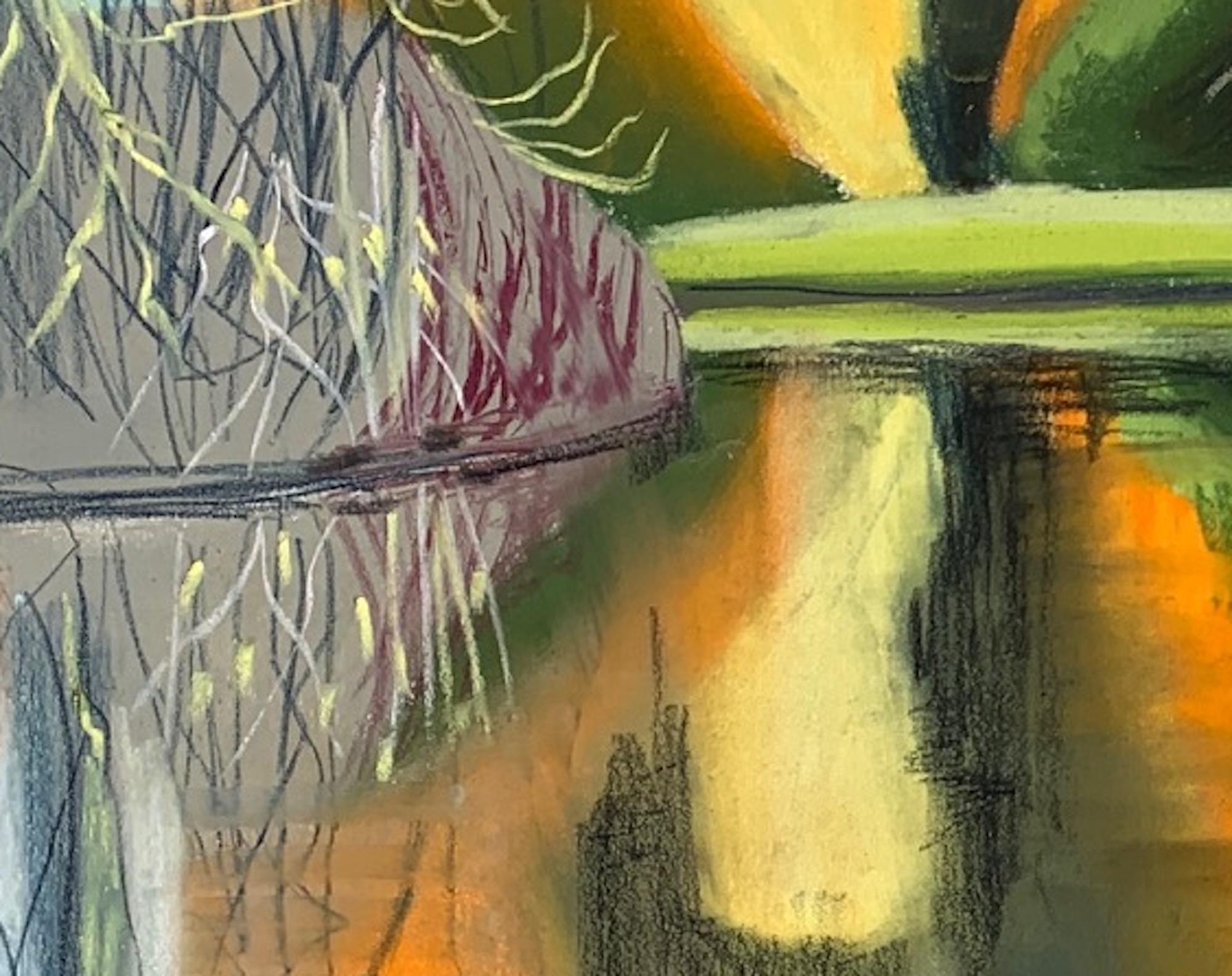 Sotterley lake , piste et dessin original au pastel sur papier de l'artiste Cornelia Fitzroy. Cornelia FitzRoy est une artiste de plein air du Norfolk qui utilise la couleur et des formes distinctives pour montrer ses paysages locaux. En retournant
