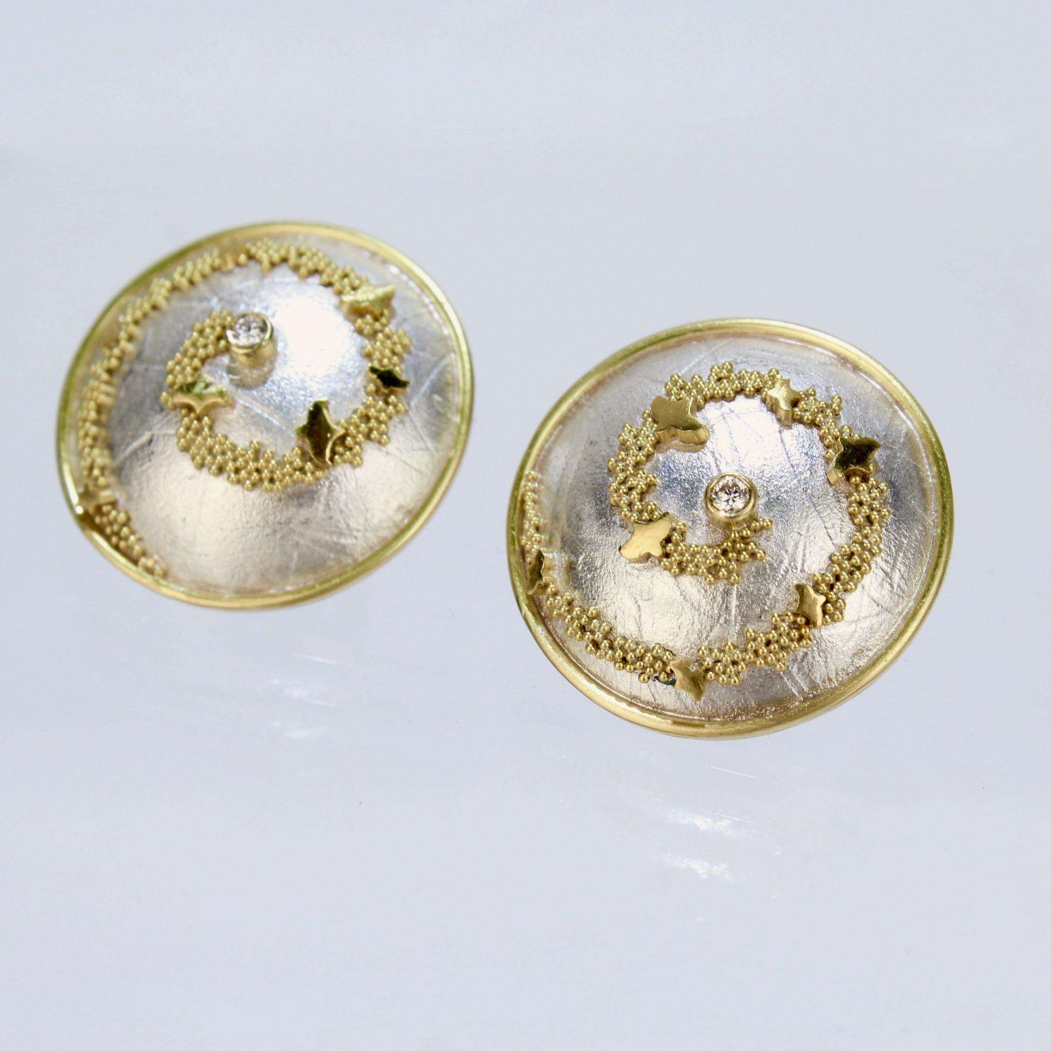 Modern Cornelia Goldsmith Granulated High Karat Gold, Silver and Diamond Round Earrings