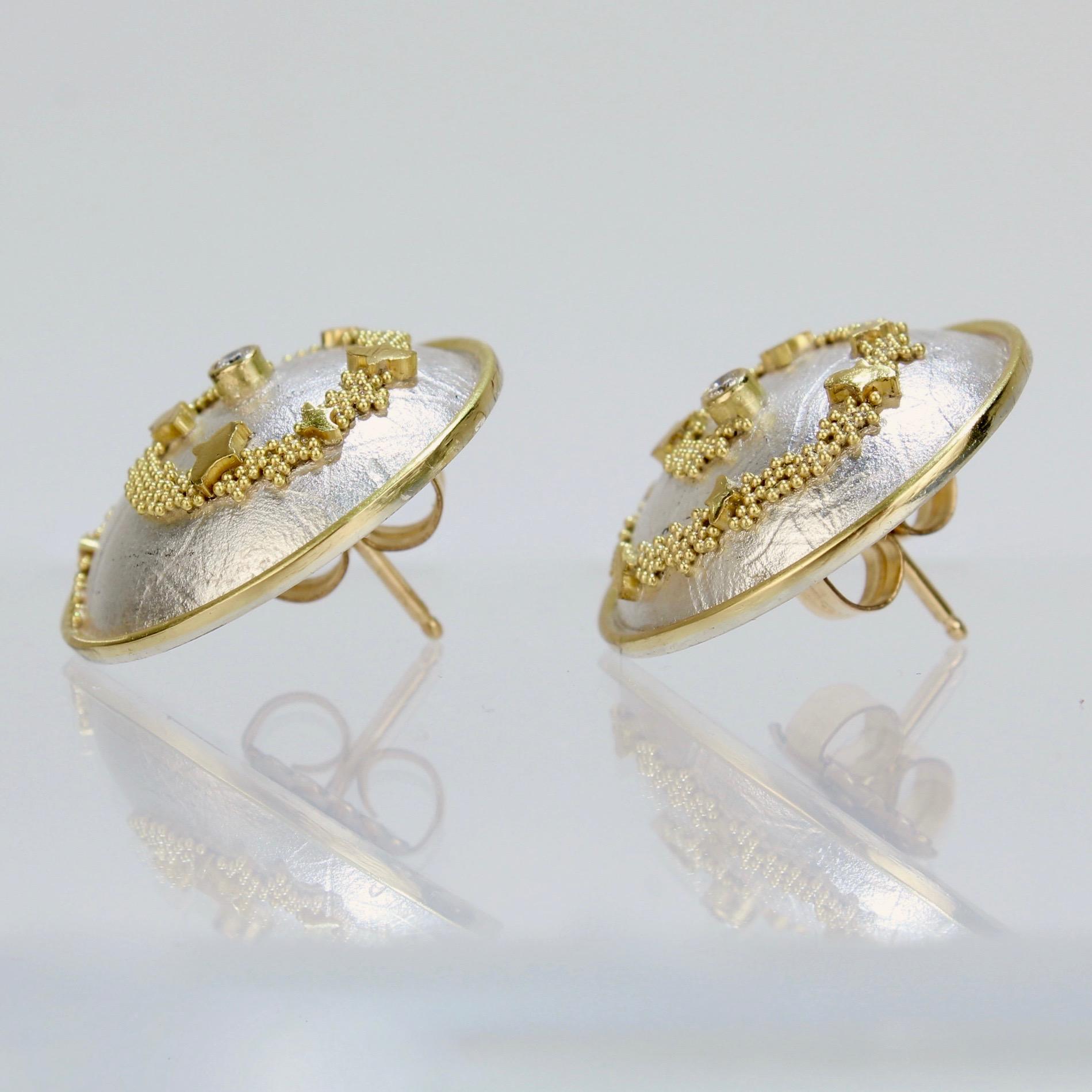 Round Cut Cornelia Goldsmith Granulated High Karat Gold, Silver and Diamond Round Earrings