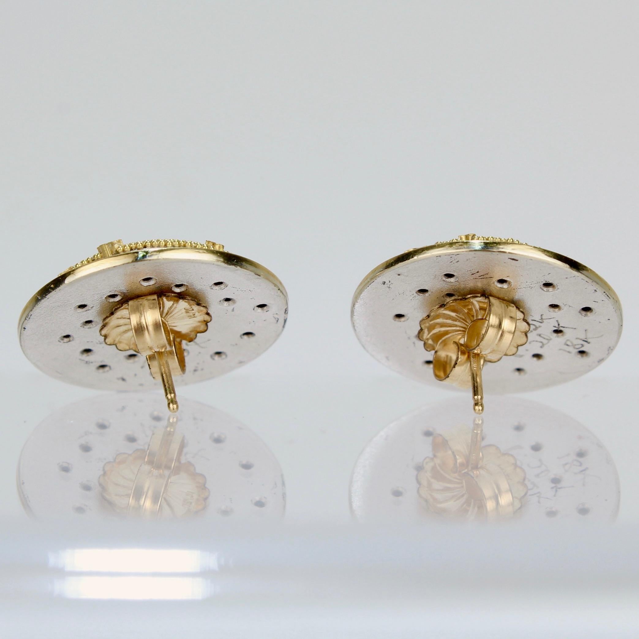 Cornelia Goldsmith Granulated High Karat Gold, Silver and Diamond Round Earrings In Good Condition In Philadelphia, PA