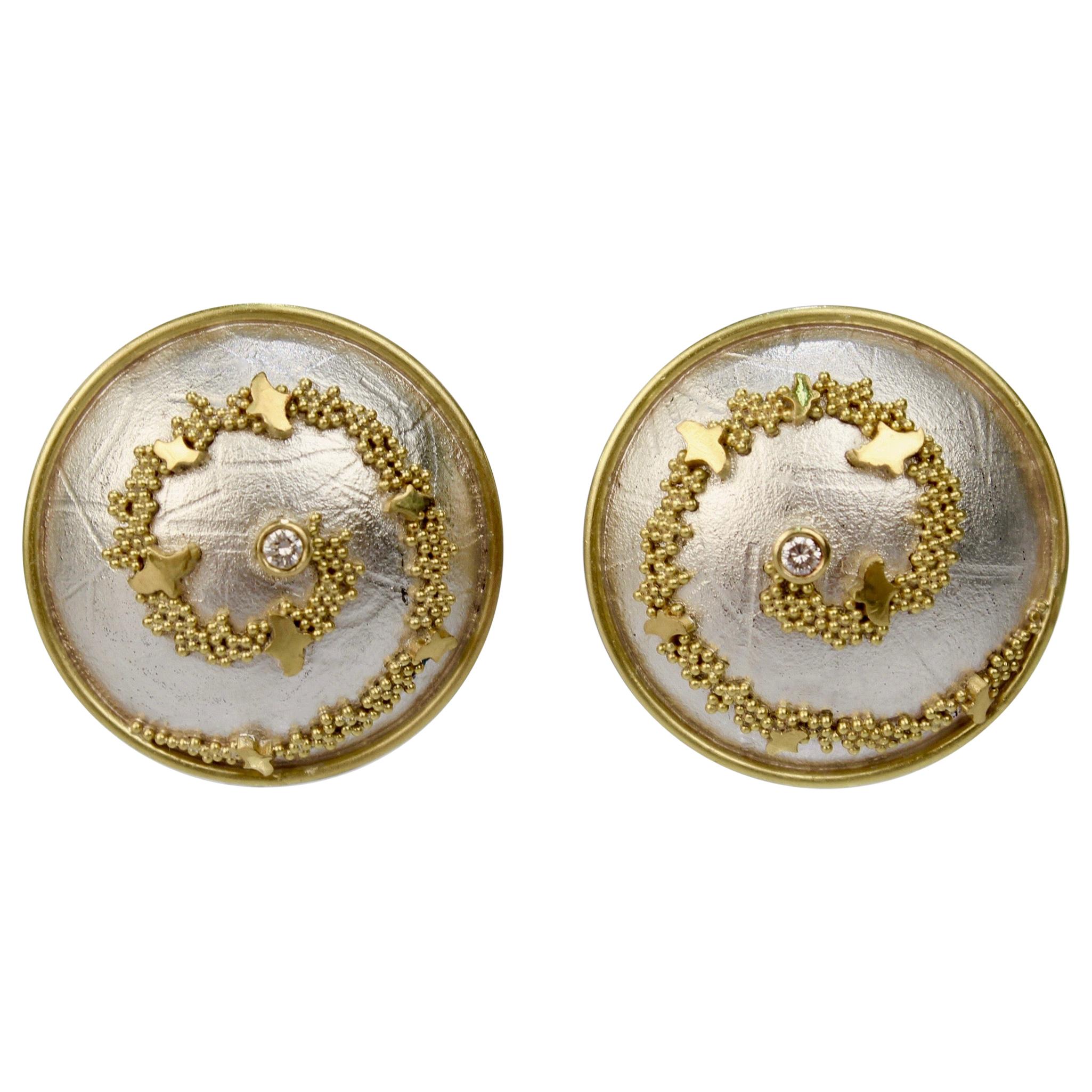Cornelia Goldsmith Granulated High Karat Gold, Silver and Diamond Round Earrings