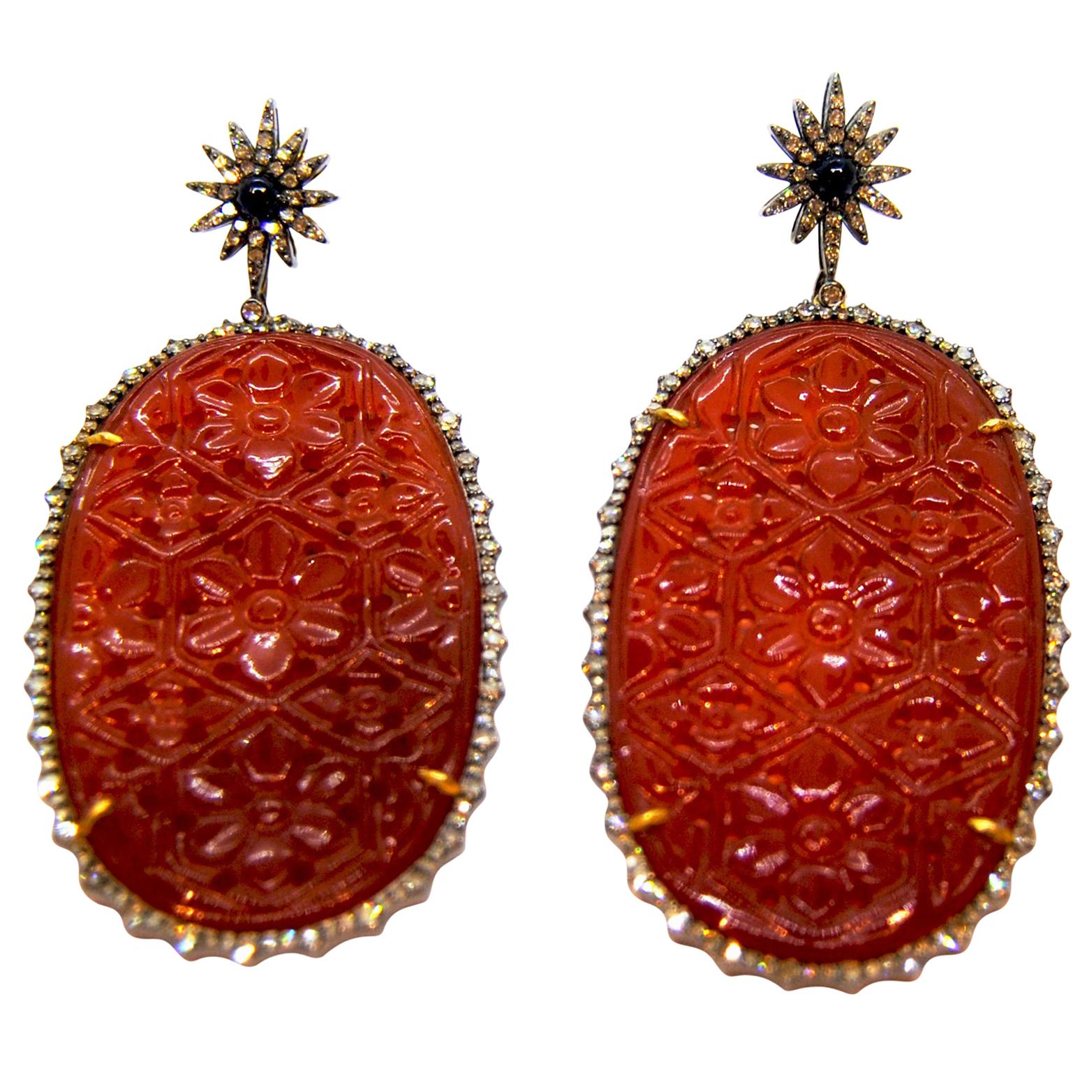 Cornelian and Diamond Star Dangle Earrings