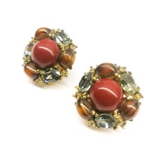 Cornelian, brown and grey paste cabuchon 'cluster' earrings, Ciner, USA, 1980s