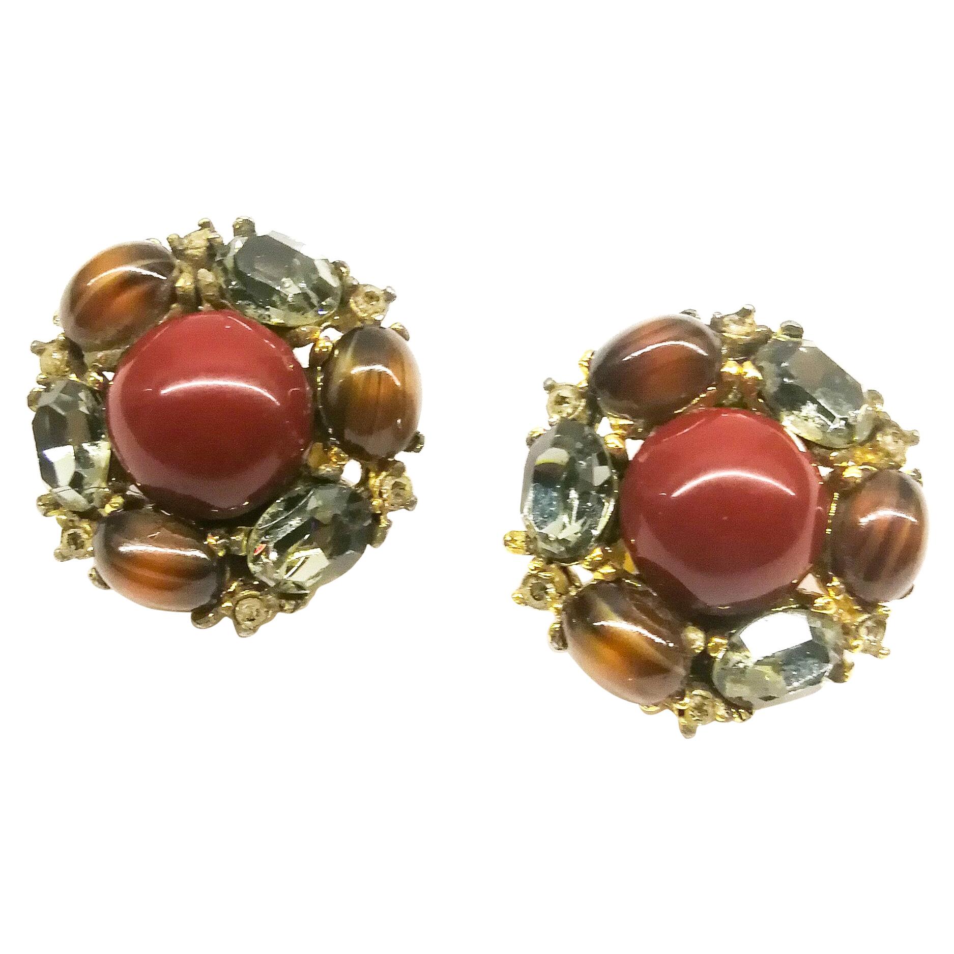 Cornelian, brown and grey paste cabuchon 'cluster' earrings, Ciner, USA, 1980s