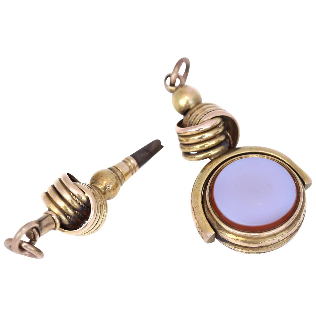 Cornelian Swivel Fob Watch Key 14 Karat Gold Set for Charm Bracelet 19th Century