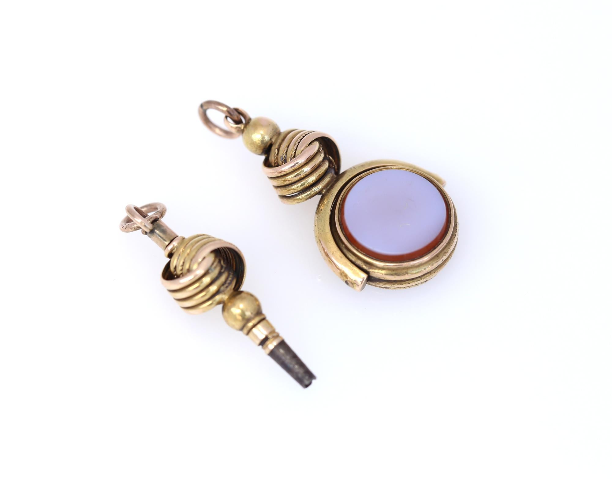 Art Nouveau Cornelian Swivel Fob Watch Key 14 Karat Gold Set for Charm Bracelet 19th Century