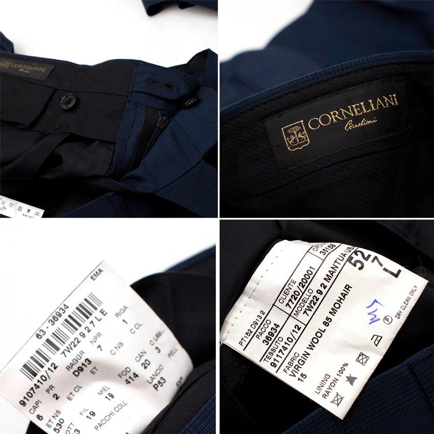 Corneliani Navy Blue Wool Suit 

Blazer: 
- Regular fit 
- Single breasted 
- Two front pockets 
- Breast pocket 
- Three internal pockets 
- Notch collar 

Trousers: 
- Flat trousers 
- Frontal pockets 
- Back pockets 
- Hidden zipper closure 
-