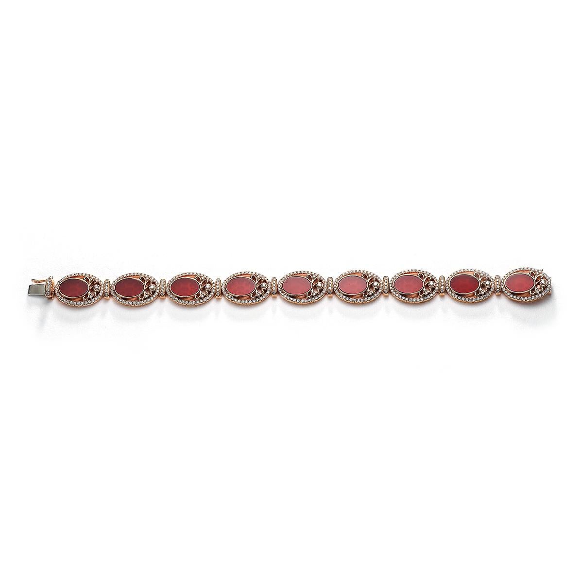 Pulsera de Oro Rosa con Cornalinas y Diamantes Corte redondo en venta