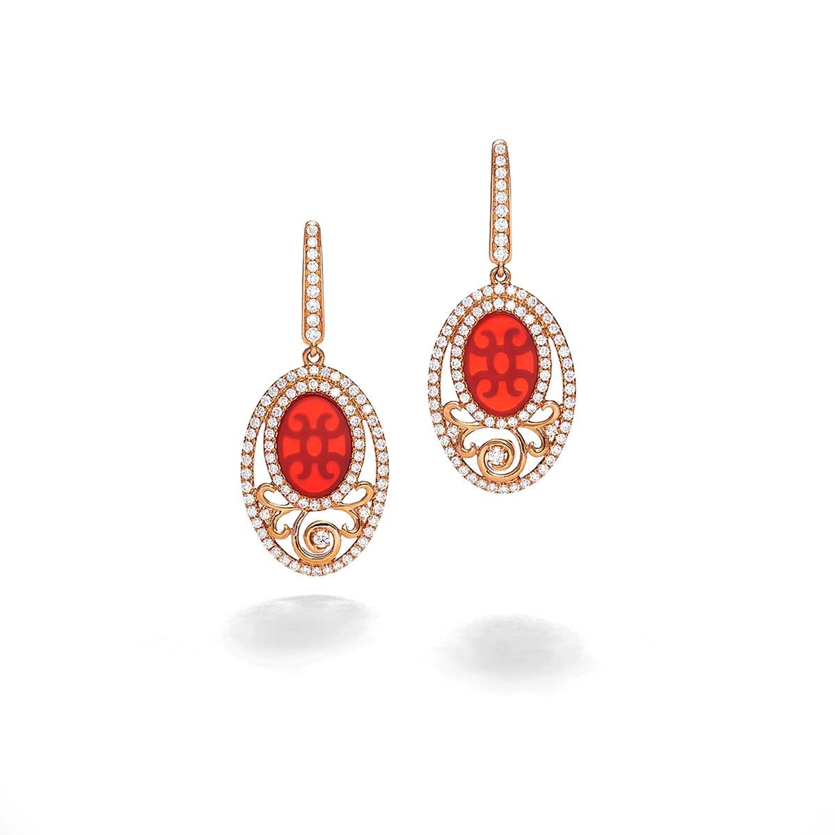 Earrings in 18kt pink gold set with 168 diamonds 1.18 cts and 2 cornelians 2.72 cts   