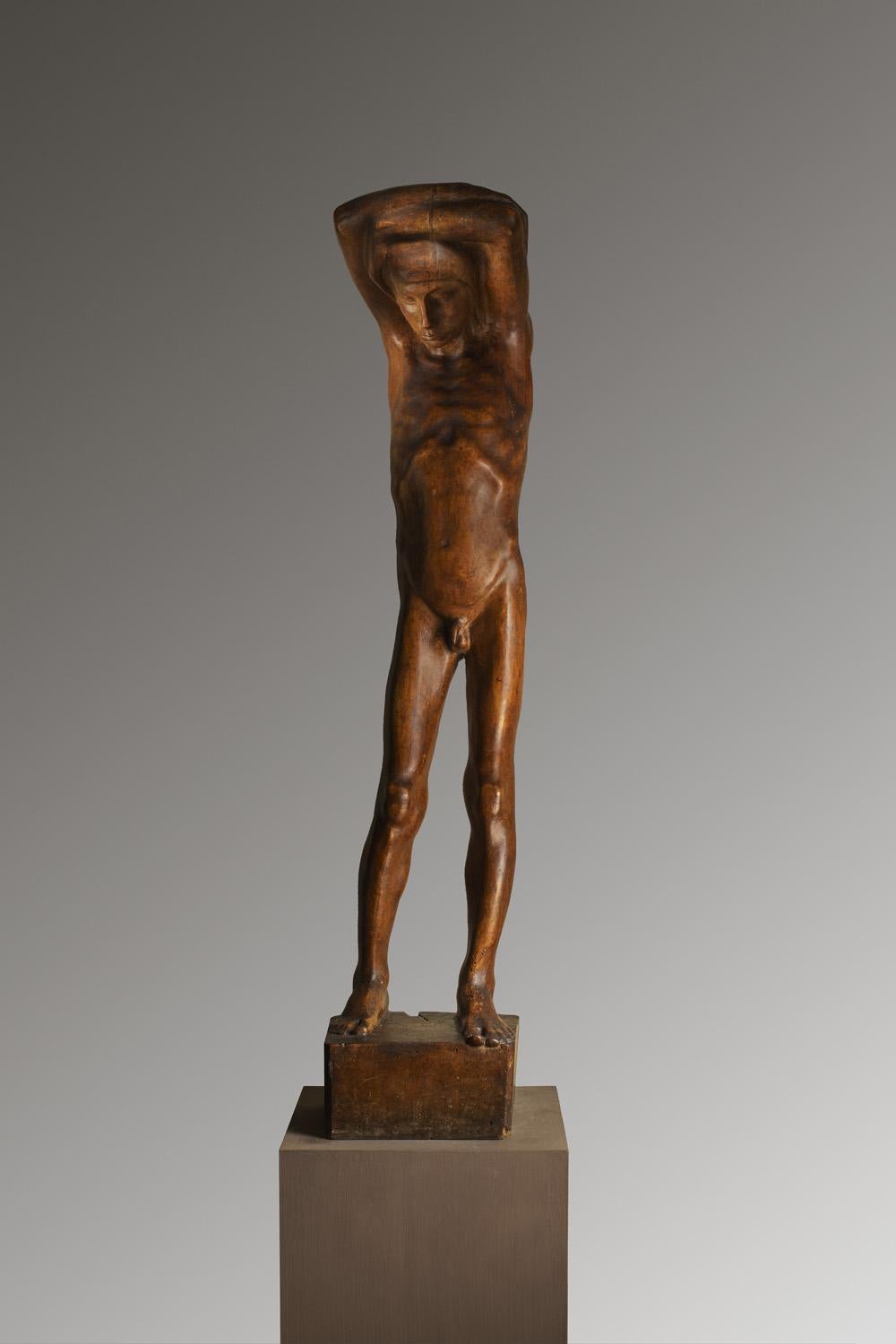 Figurative Sculpture di CORNELIO PALMERINI - Scultura figurativa toscana in legno ritratto maschile del novecento