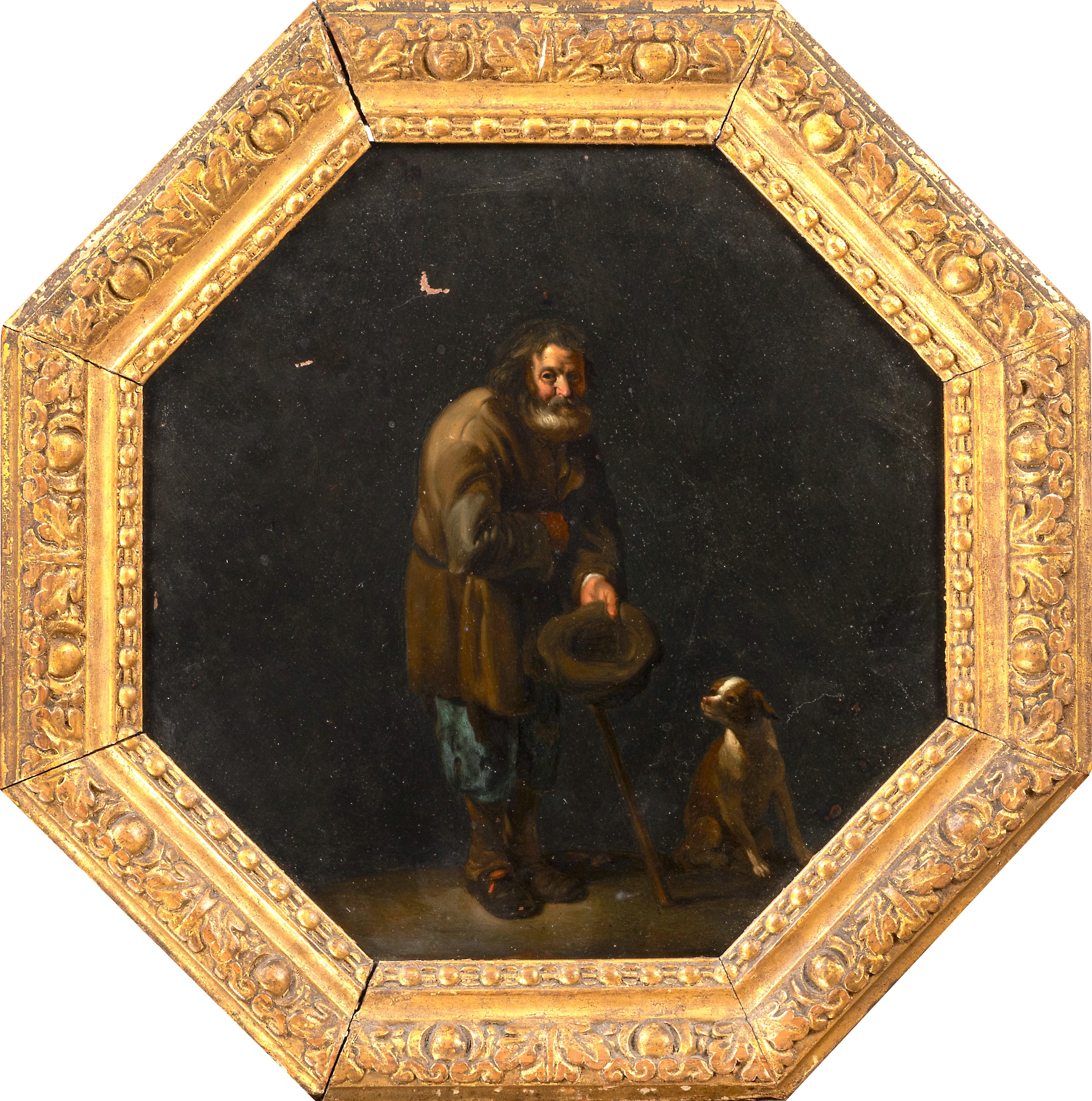 Cornelis Bega Figurative Painting - Study of a beggar and his dog