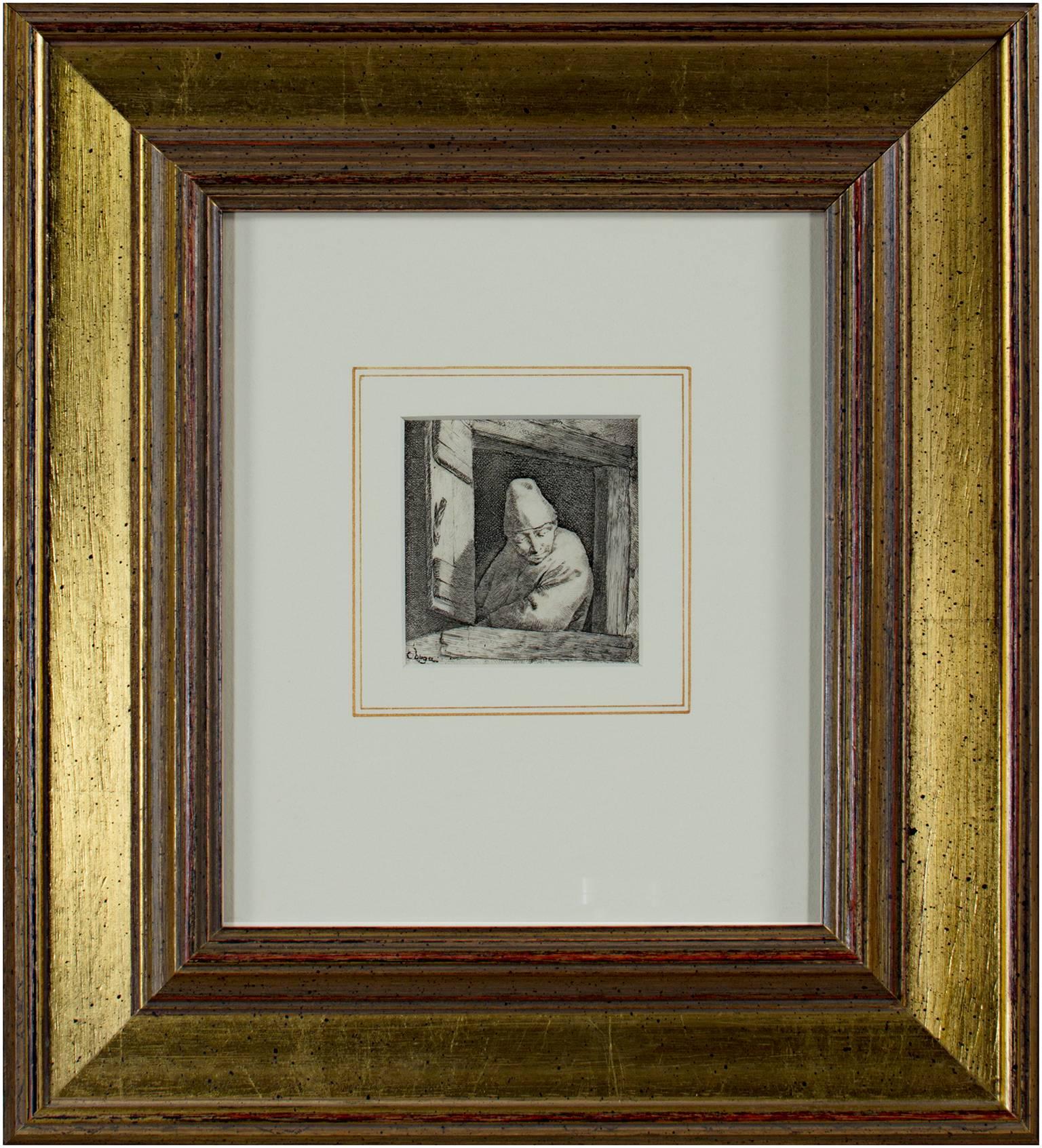 « Homme regardant par une fenêtre », gravure originale signée par Cornelis-Pietersz Bega - Maîtres anciens Print par Cornelis Bega