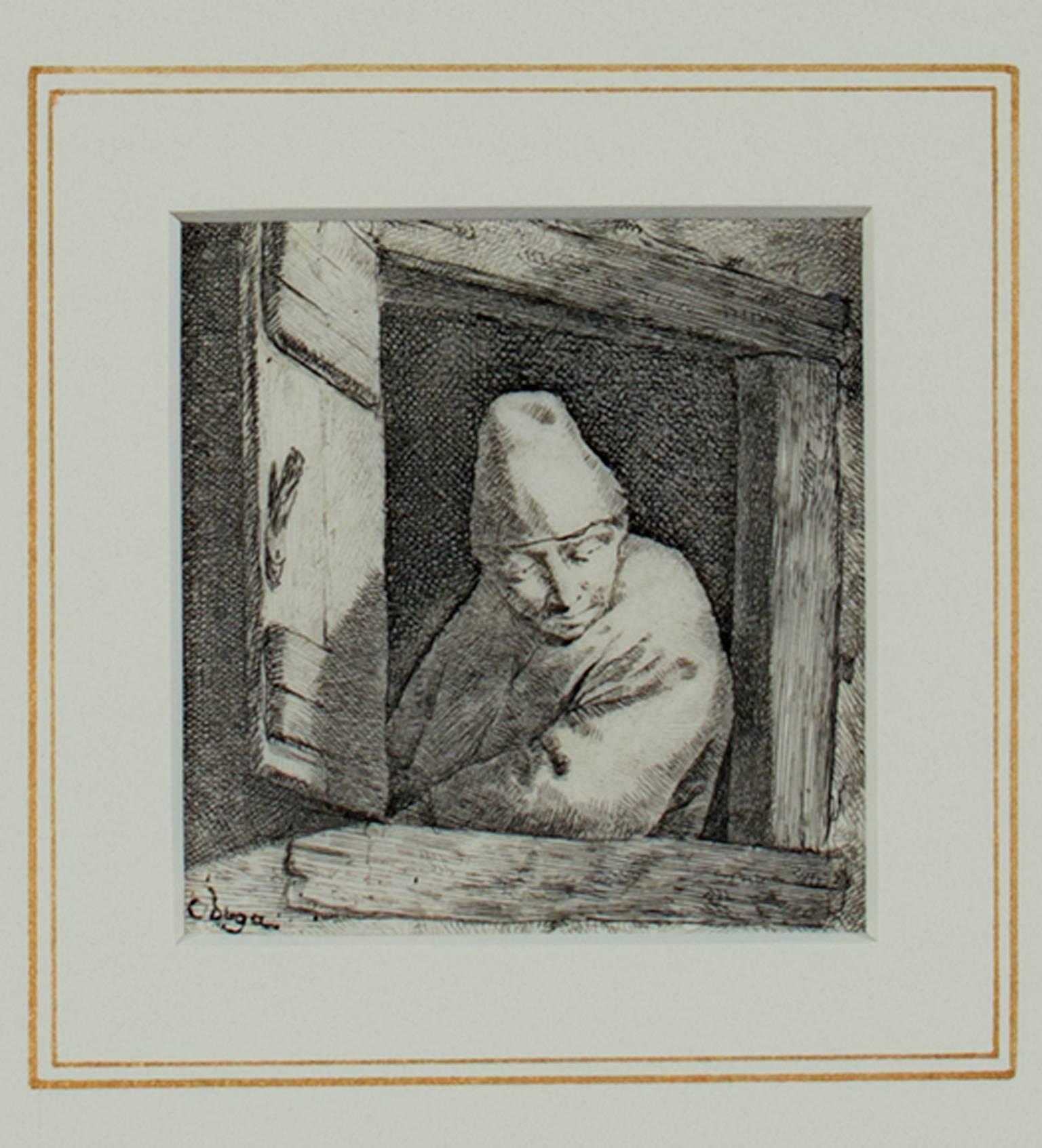 « Homme regardant par une fenêtre », gravure originale signée par Cornelis-Pietersz Bega - Gris Figurative Print par Cornelis Bega